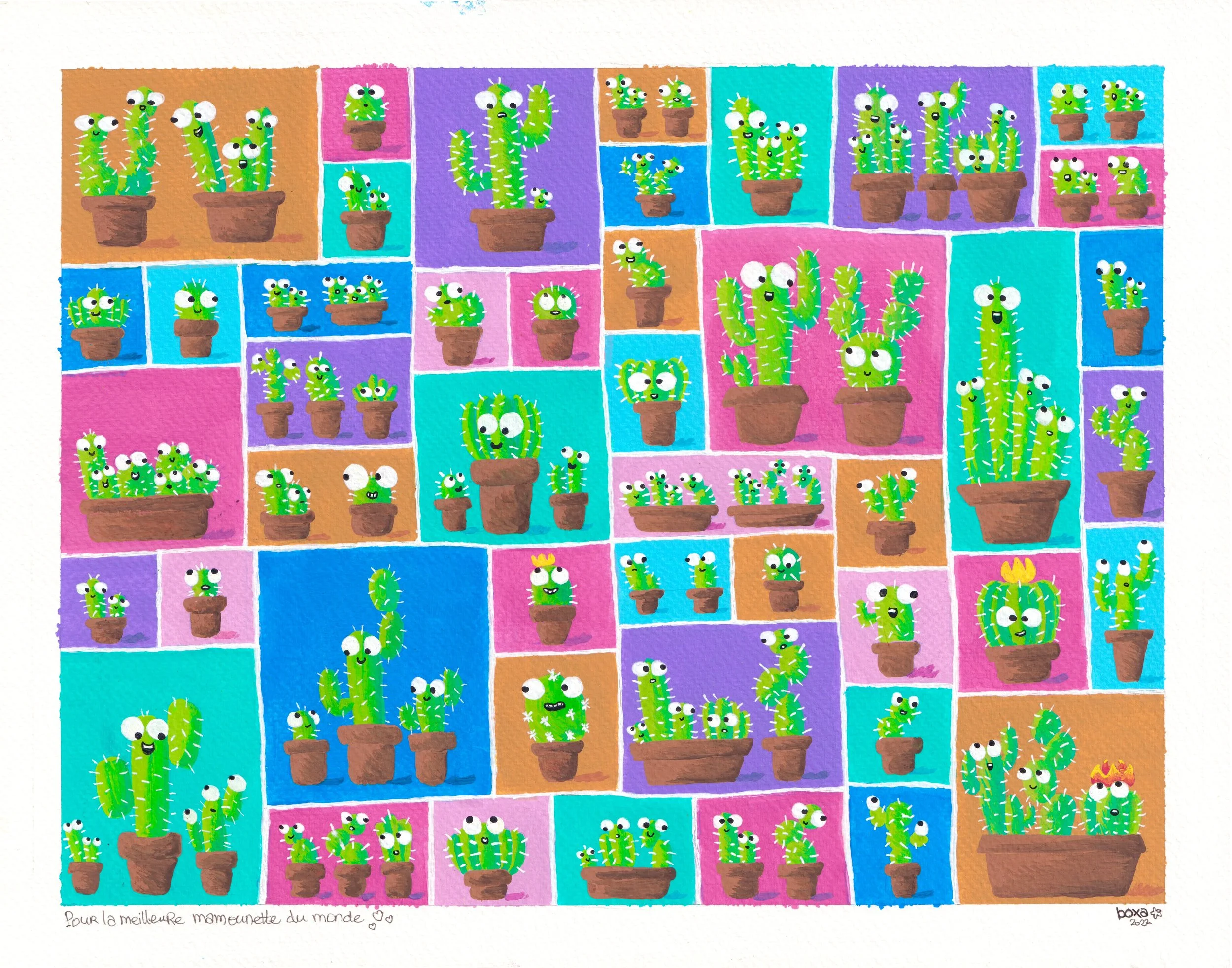 Illustration de plusieurs cactus colorés avec des yeux et des expressions amusantes dans des pots, organisé en petits carrés colorés. La légende en bas indique : 'Pour la meilleure mamounette du monde' avec un cœur.
