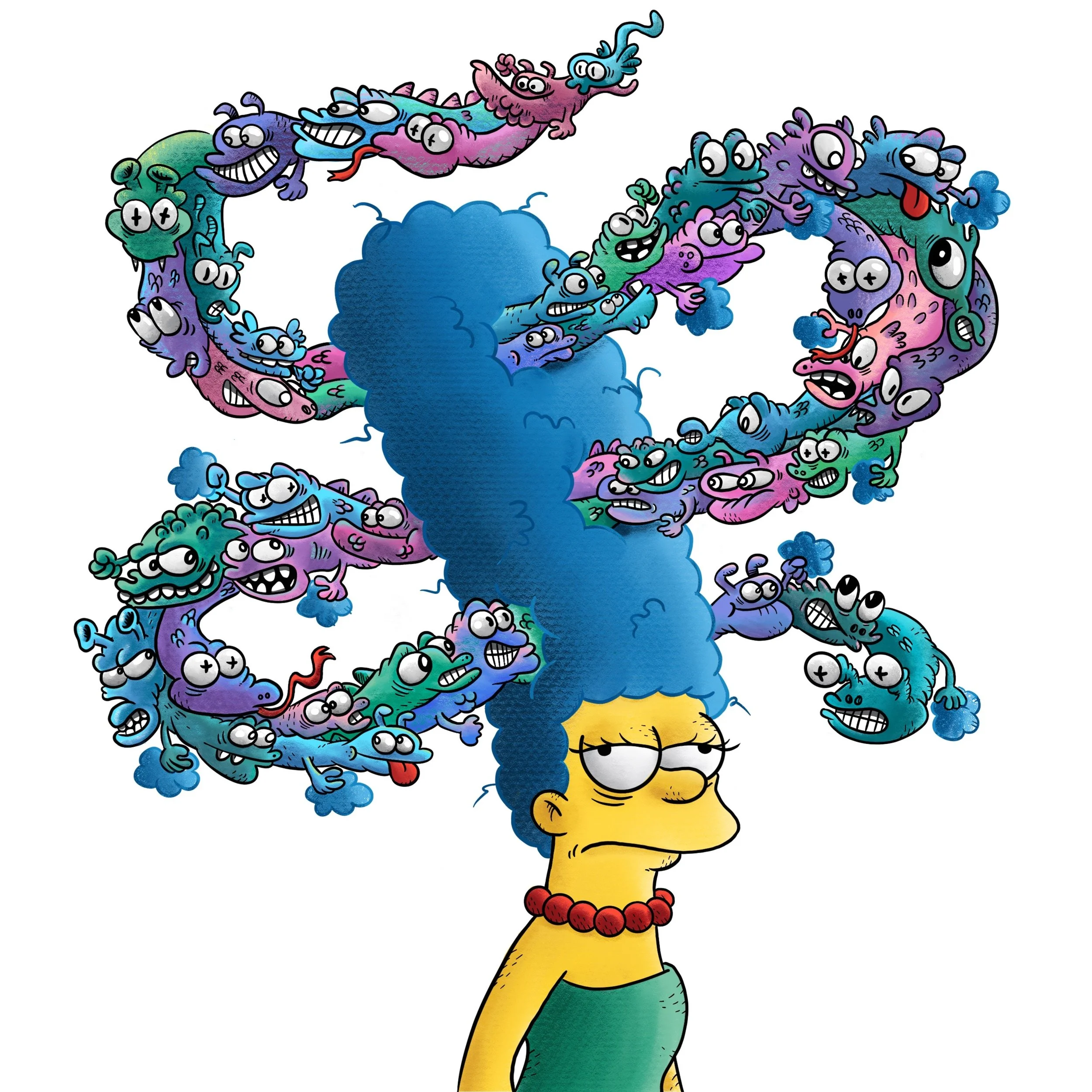 Un dessin de Lisa Simpson avec de la fumée bleue sortant de sa tête, entourée de monstres colorés et variés avec des expressions faciales amusantes et exagérées.