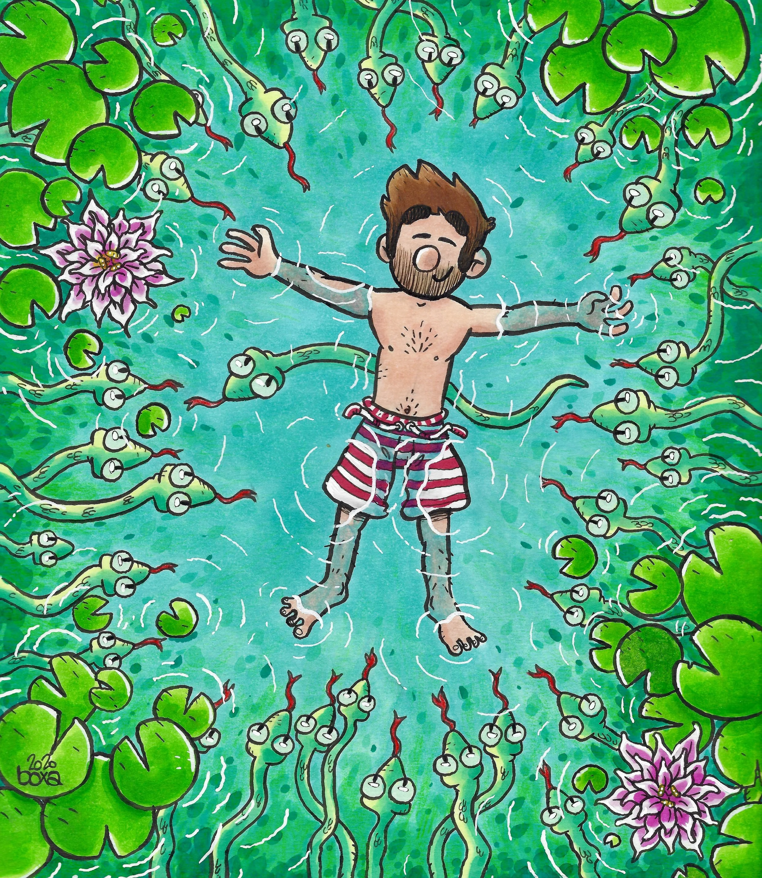 Un homme nage dans un étang rempli de nénuphars verts, de fleurs de lotus roses et de plants de lamproie, avec un fond d'eau turquoise.