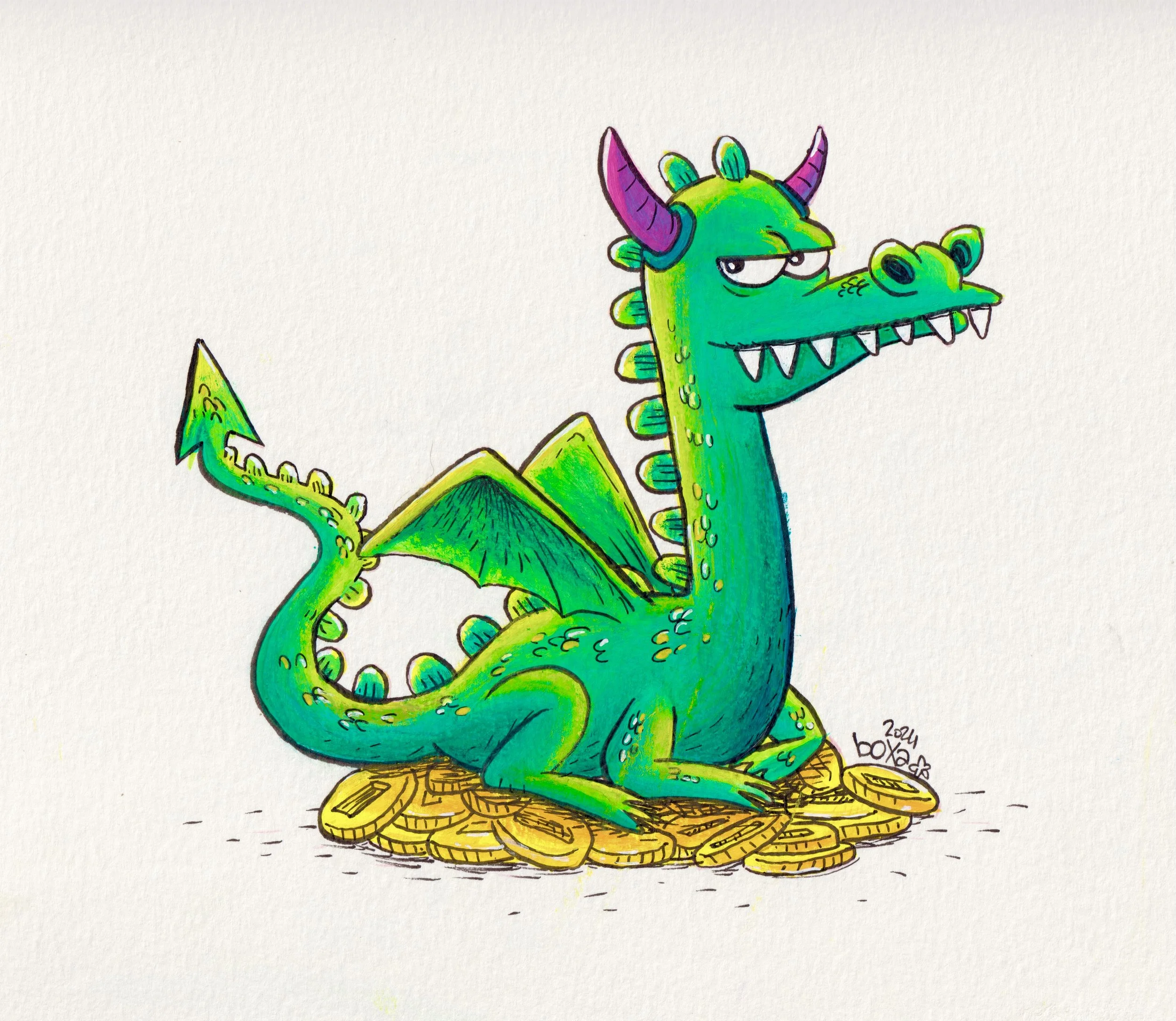Une illustration d'un dragon vert assis sur une pile de pièces d'or, avec un regard distant et un sourire narquois.