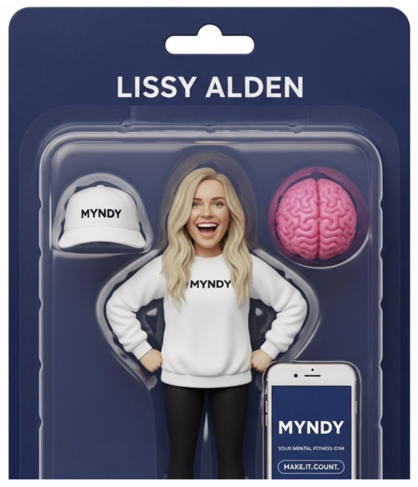 AI-generated figure of Lissy with Myndy app and cap illustrating how AI connects with mental fitness and personal growth