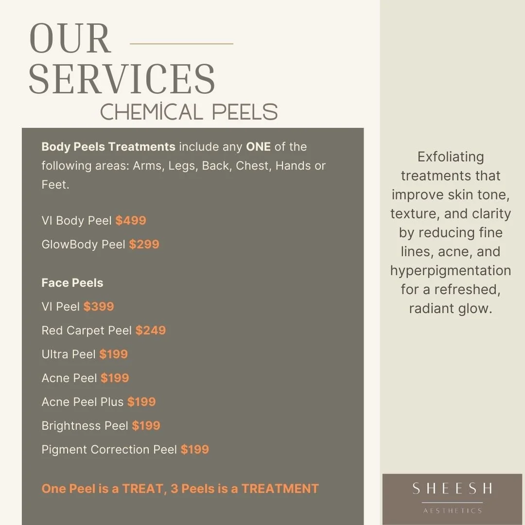 Aesthetic flyer listing laser therapy services and prices at Sheesh Aesthetics, including skin tightening, rosacea, spider vein, pigmentation, and acne treatments.