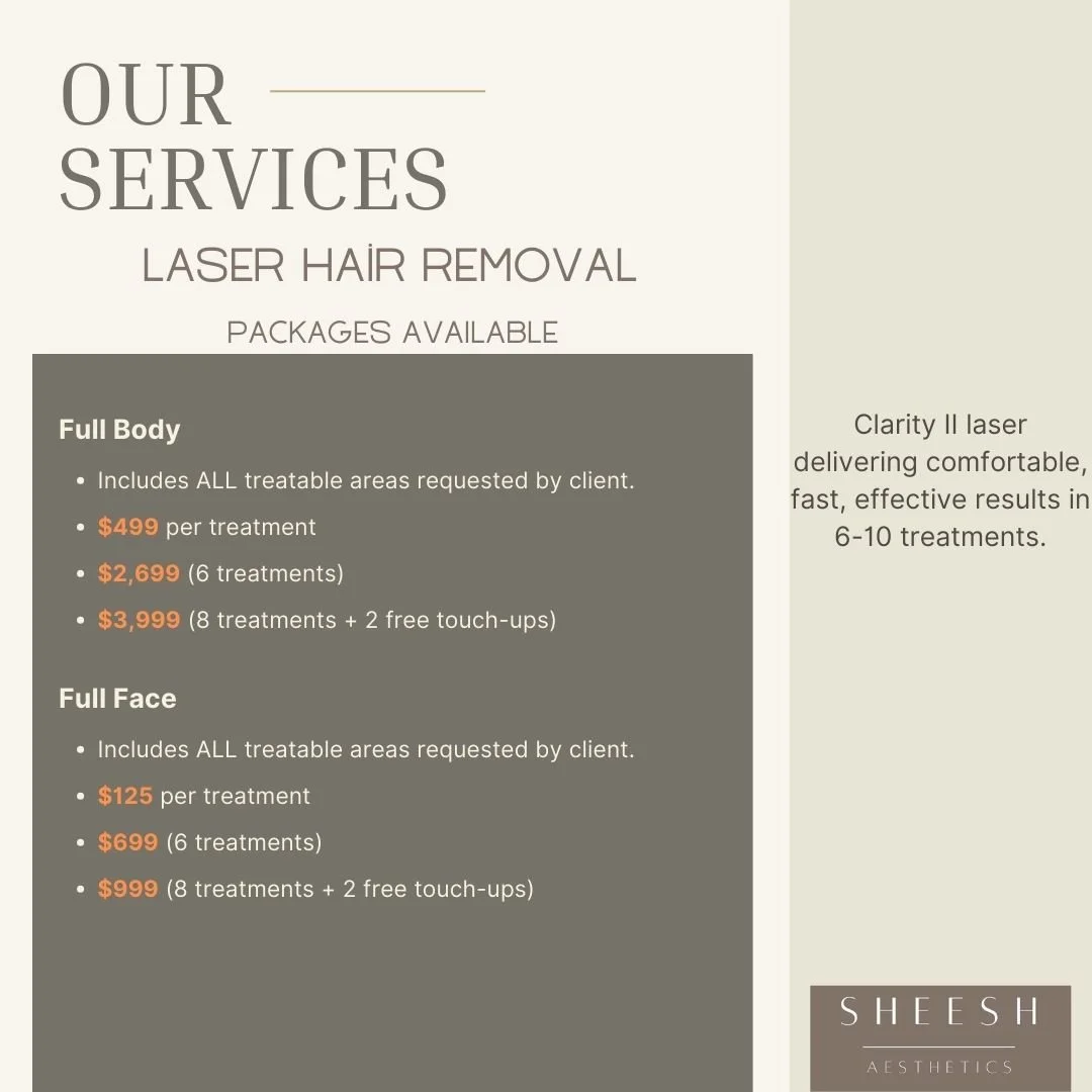 A photo of a flyer advertising laser hair removal services, listing prices for full body and full face treatments, and mentioning product details like treatment packages and touch-up limits.