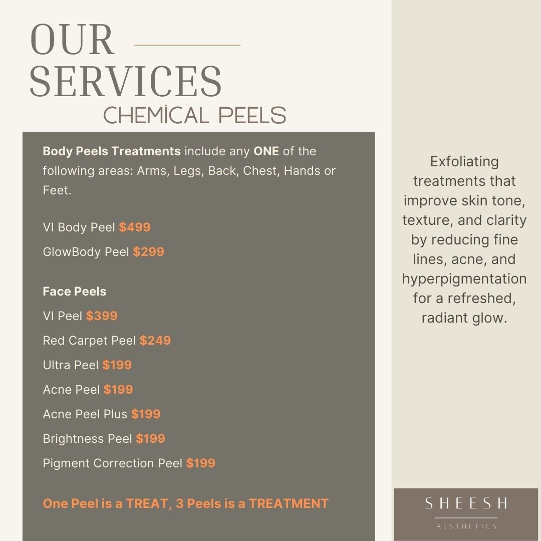 Aesthetic service menu listing laser therapy treatments, including skin tightening, rosacea treatment, spider vein treatment, pigmentation treatment, and acne treatment with prices. The menu highlights package discounts and mentions advanced laser technology by Clarity II. The bottom right corner shows the logo of Sheesh Aesthetics.