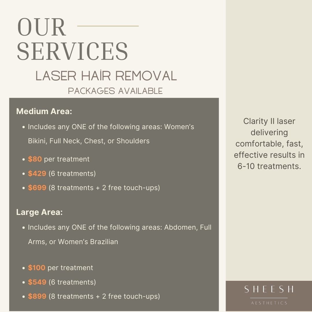 Salon advertisement listing laser hair removal services with prices for medium and large areas, featuring packages of treatments and touch-ups, from Sheesh Aesthetics.