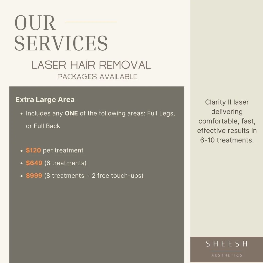 Information about laser hair removal services, including package options and prices, on a promotional poster for Sheesh Aesthetics.