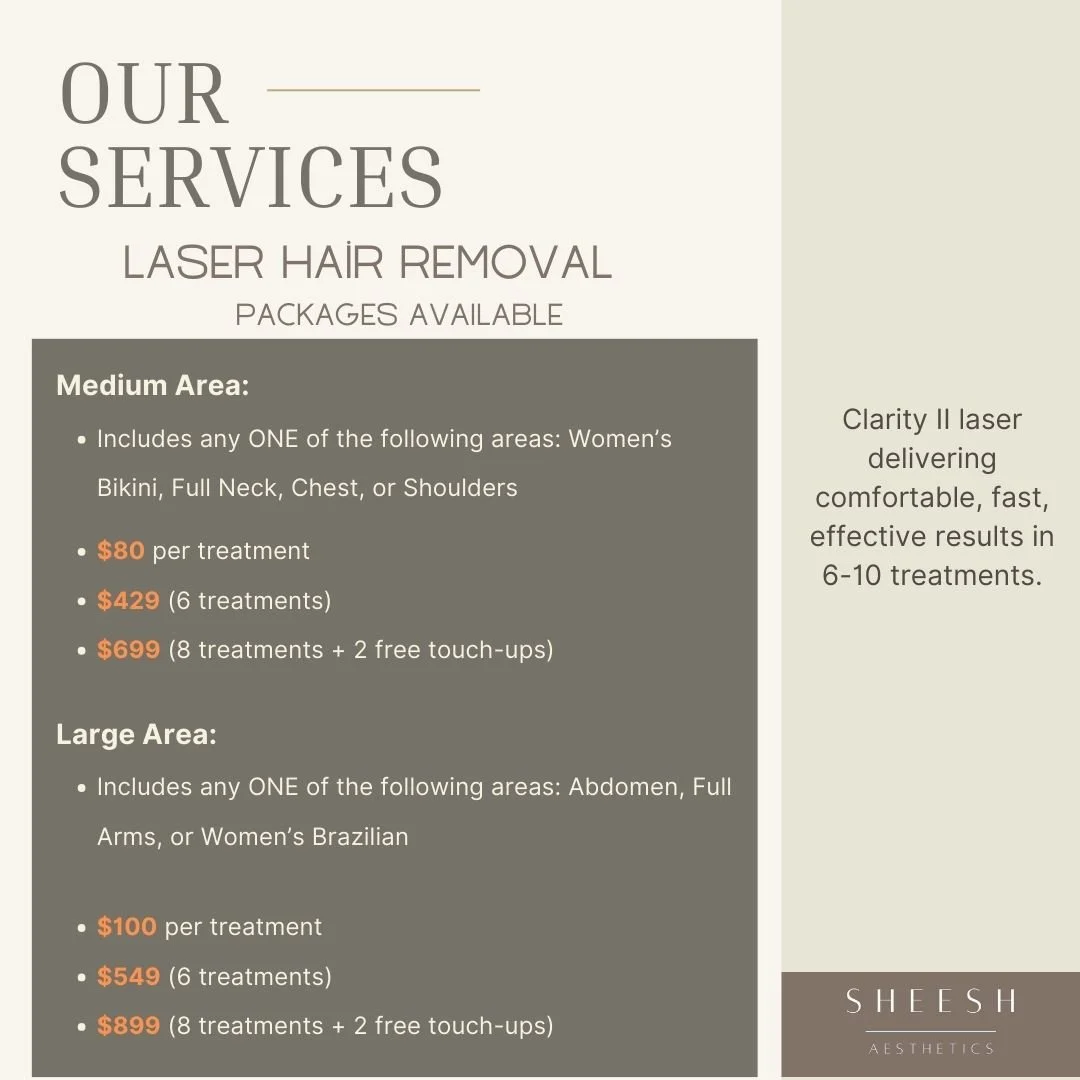 A promotional flyer for Sheesh Aesthetics detailing laser hair removal services with prices for medium and large areas, including treatment options and packages, and a description of the Clarity II laser for effective, comfortable treatments.