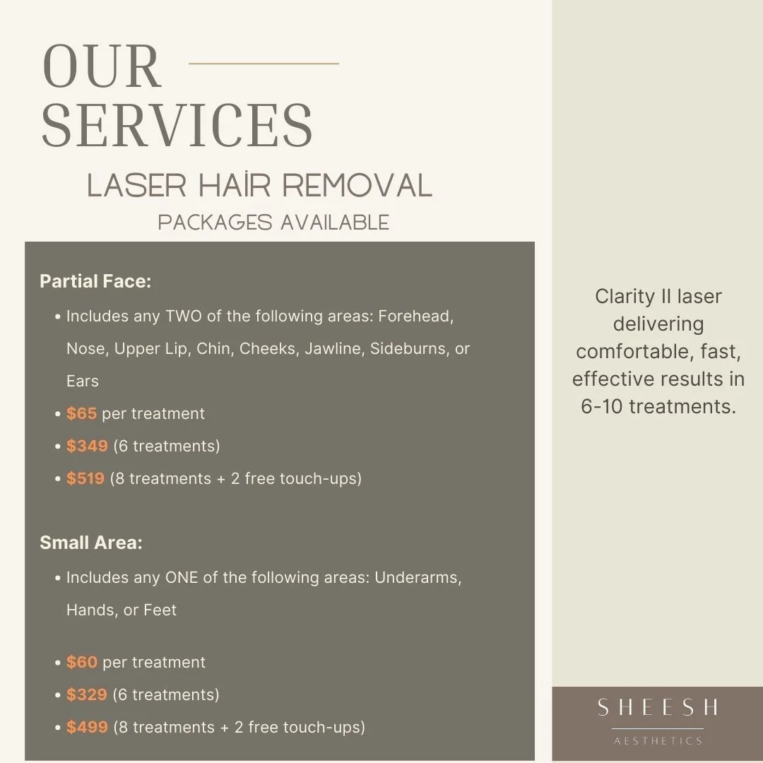Information about laser hair removal services, including packages and prices for extra small and small areas at Sheesh Aesthetics.