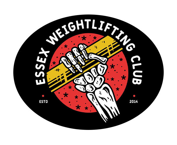 Logo of Essex Weightlifting Club featuring a skeletal hand gripping a yellow barbell against a red circular background with black stars, and the club name curved around the top, with ESTD 2014 at the bottom.
