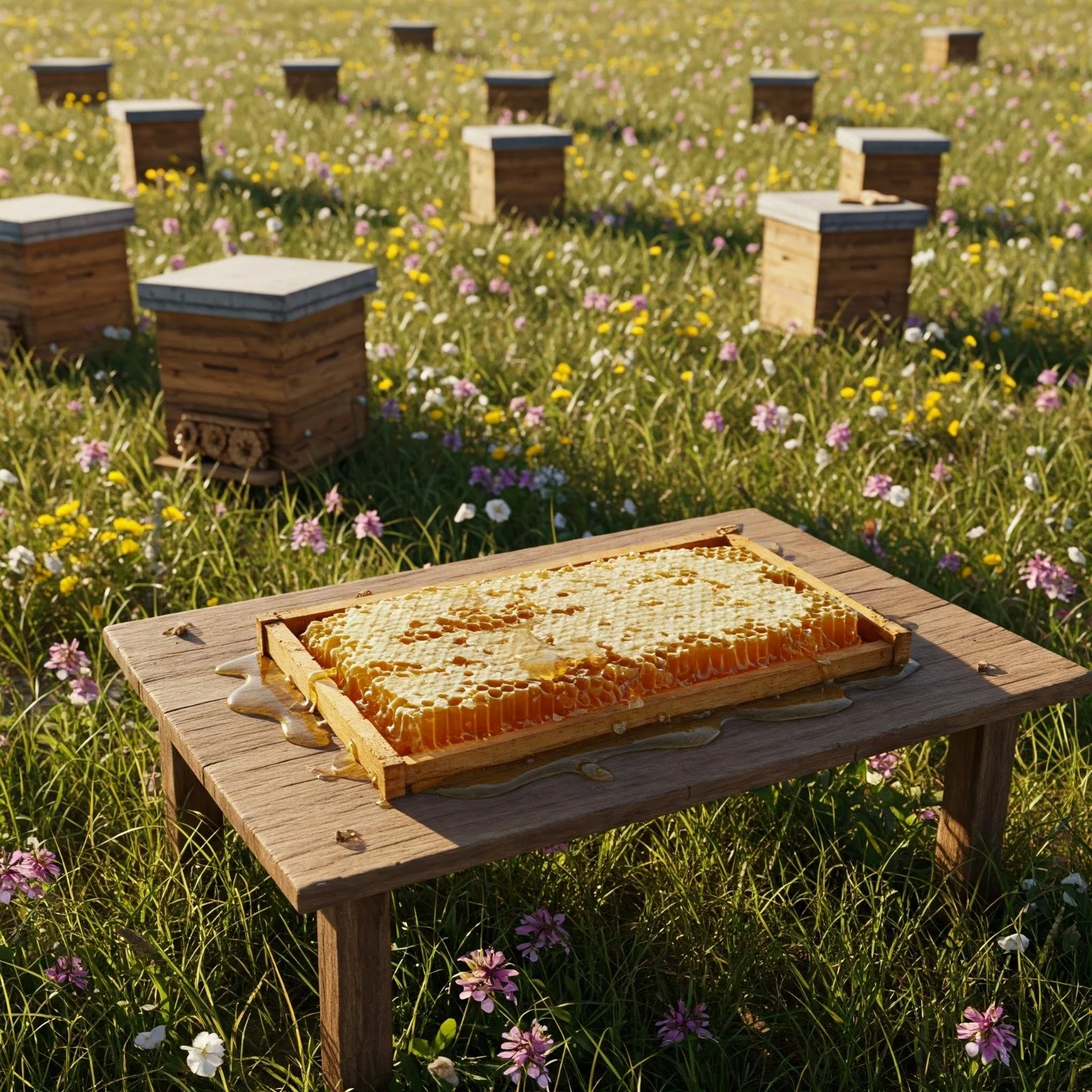 NorthHoney Elite premium honey, produced in a natural apiary surrounded by blooming flowers. 100% pure, additive-free honeycomb, processed with the highest quality standards.