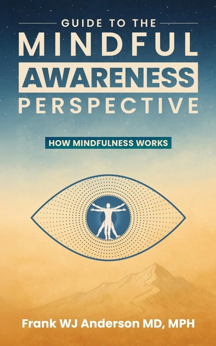 Book cover titled "Guide to the Mindful Awareness Perspective: How Mindfulness Works" by Frank WJ Anderson with a stylized eye and human figure illustration, and a mountain in the background.