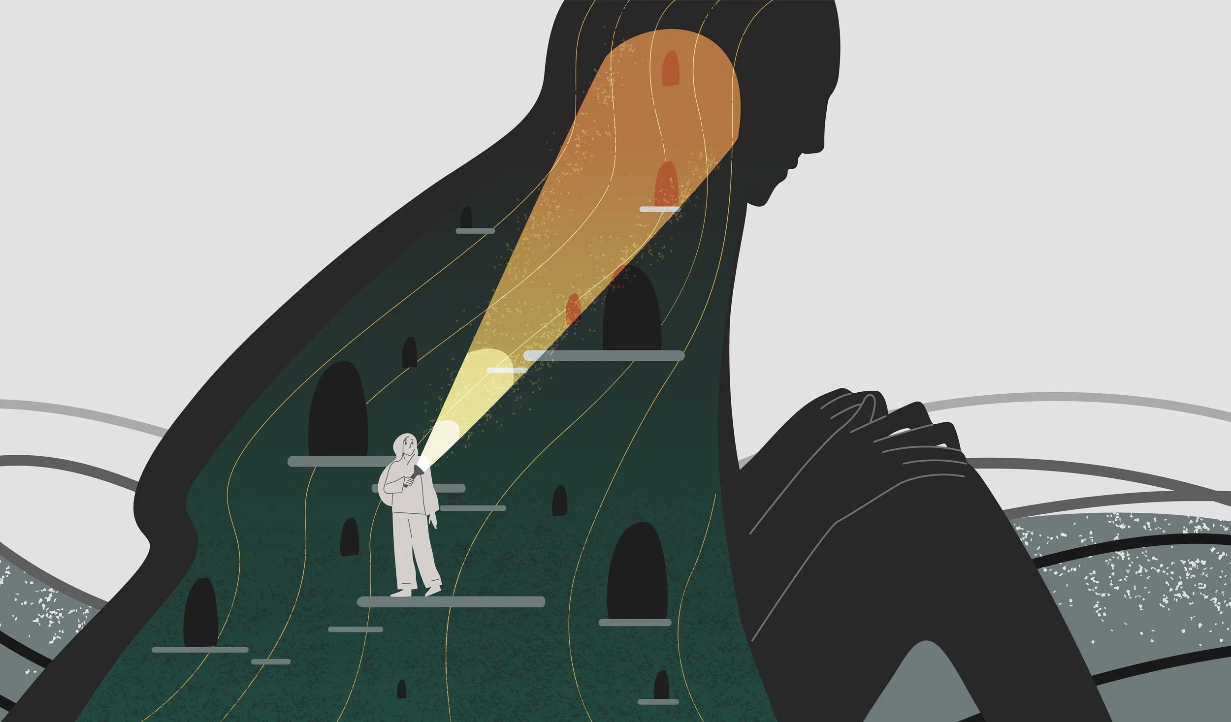 A person with a flashlight standing on a winding, dark mountain path with cave-like openings, inside a large silhouette of a person's head and shoulders, suggesting introspection or inner thought.