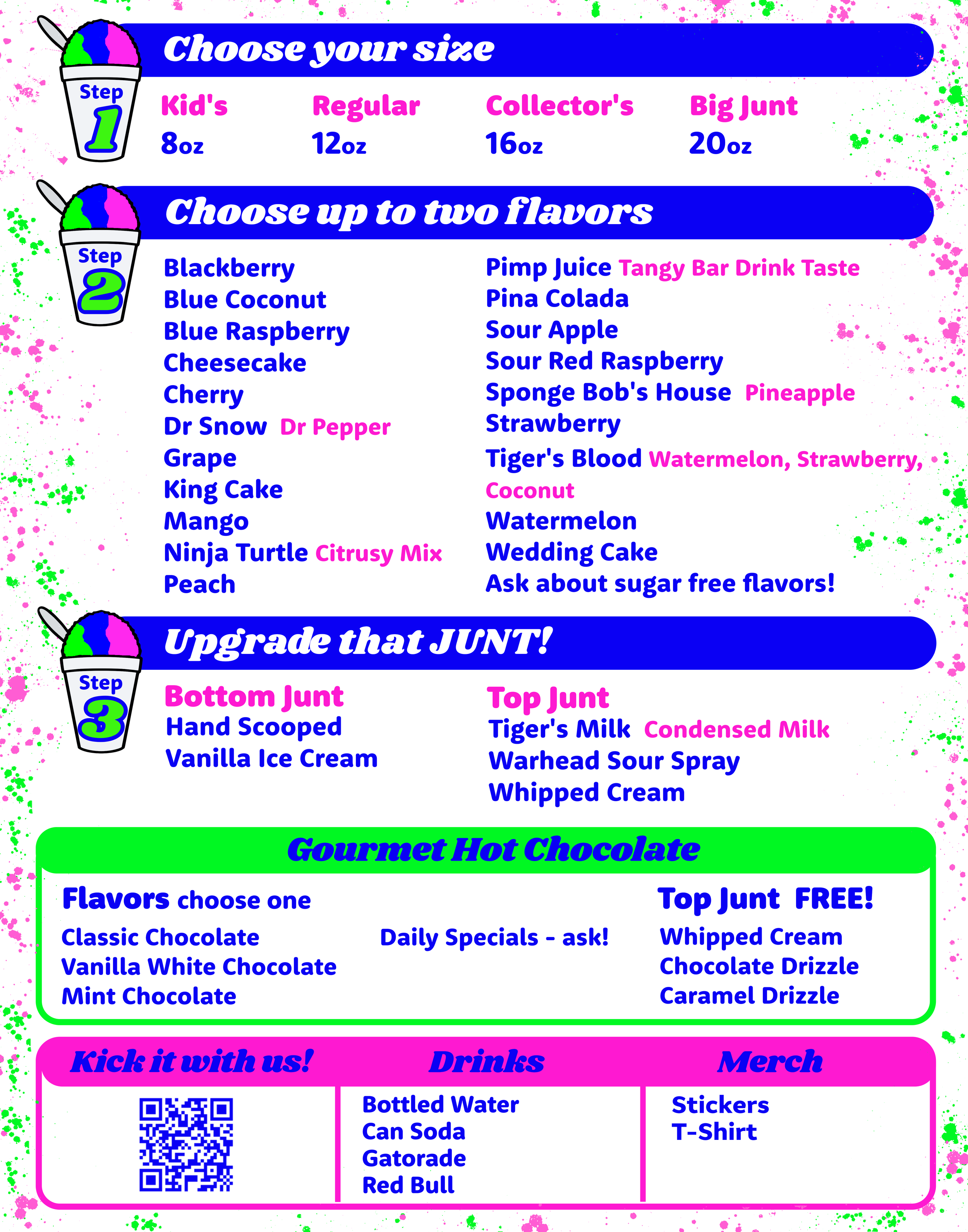 A menu for customizing ice cream, with sections guiding through choosing size, flavors, toppings, and extras, featuring colorful text and graphics.