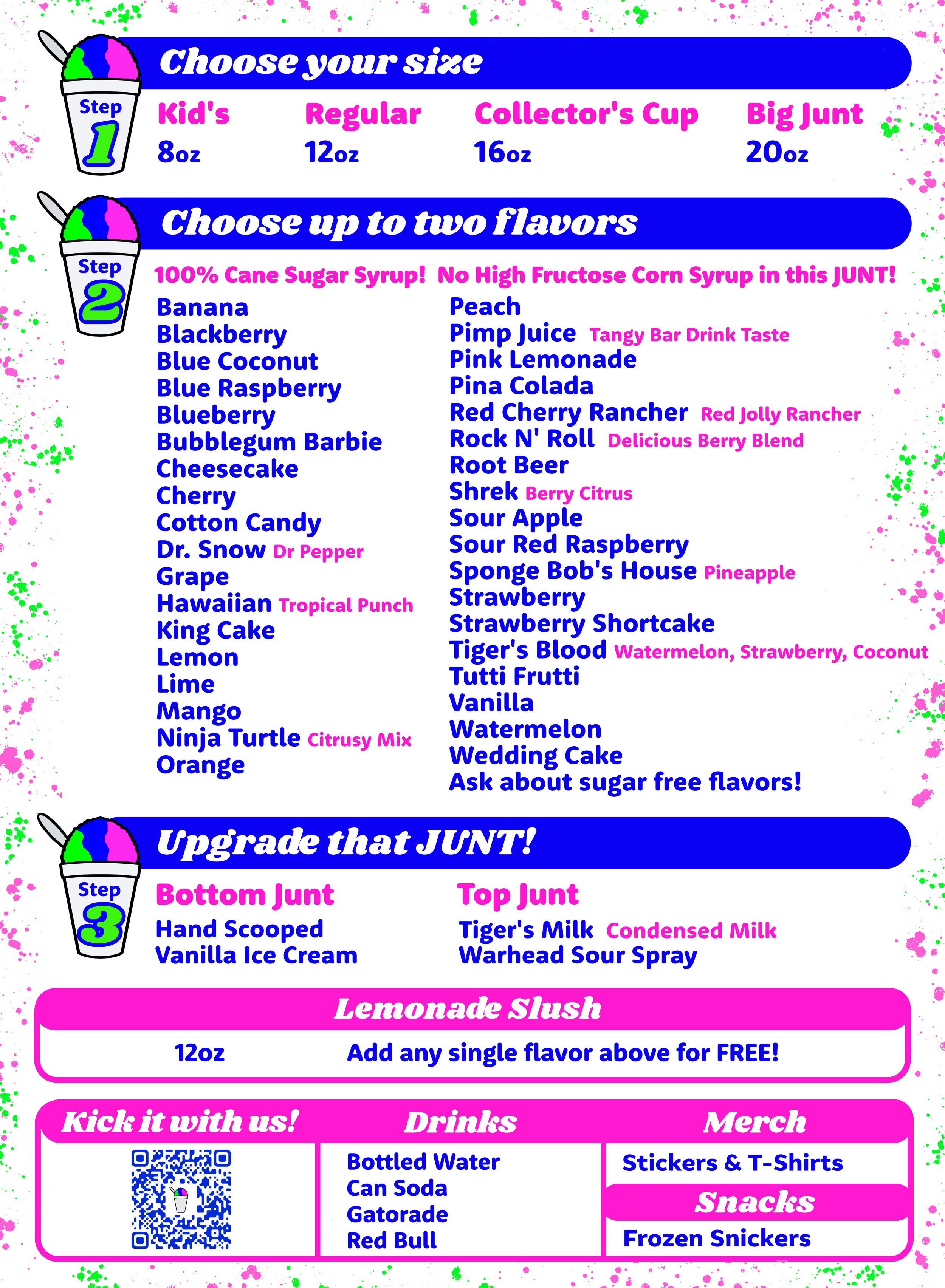 A colorful menu for a shaved ice food truck, featuring options to choose size, flavor, and toppings, with sections for drinks, merchandise, and snacks.