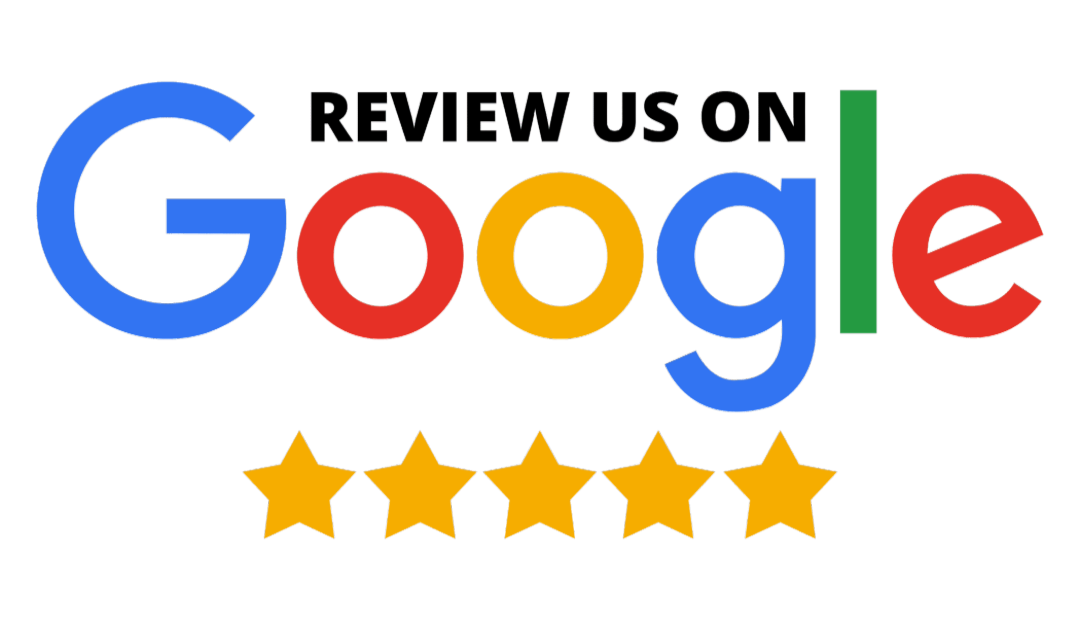Graphic encouraging users to review a service on Google, featuring the Google logo and five gold stars representing a five-star review system.