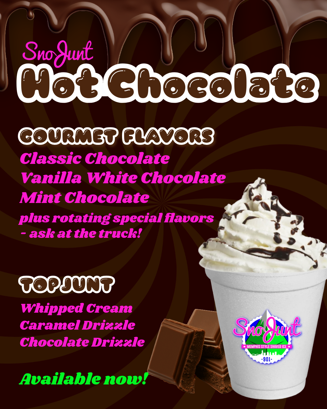Poster advertising Hot Chocolate flavors with a cup of whipped cream-topped hot chocolate with chocolate drizzle, and pieces of chocolate in front of a dark brown background with swirling pattern.