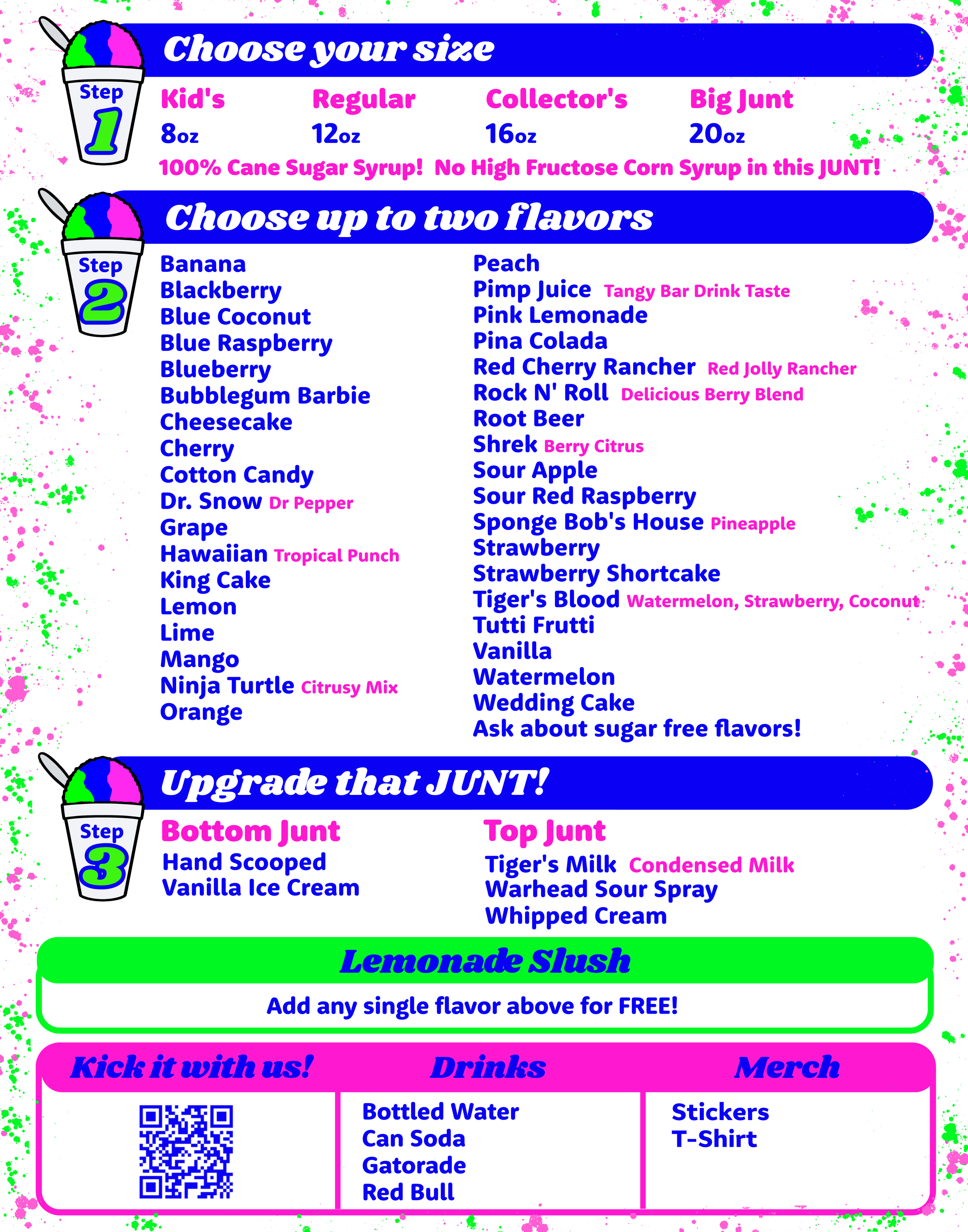 A colorful menu for a frozen drink shop with options to choose size, flavors, and toppings, as well as additional options for slush and merchandise.