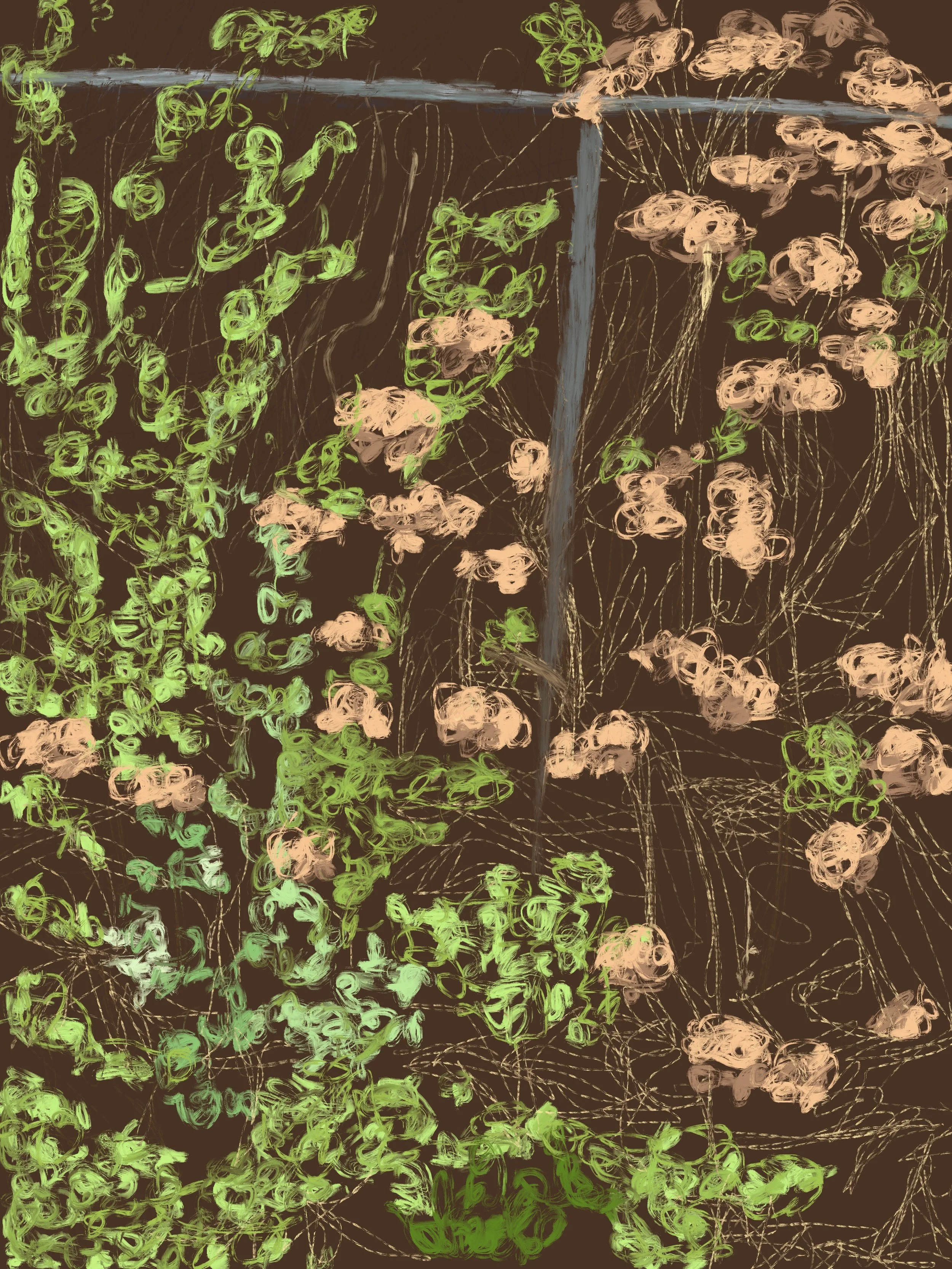 Abstract digital drawing of green and pink flowers with a grayish-blue vertical line on a dark background.