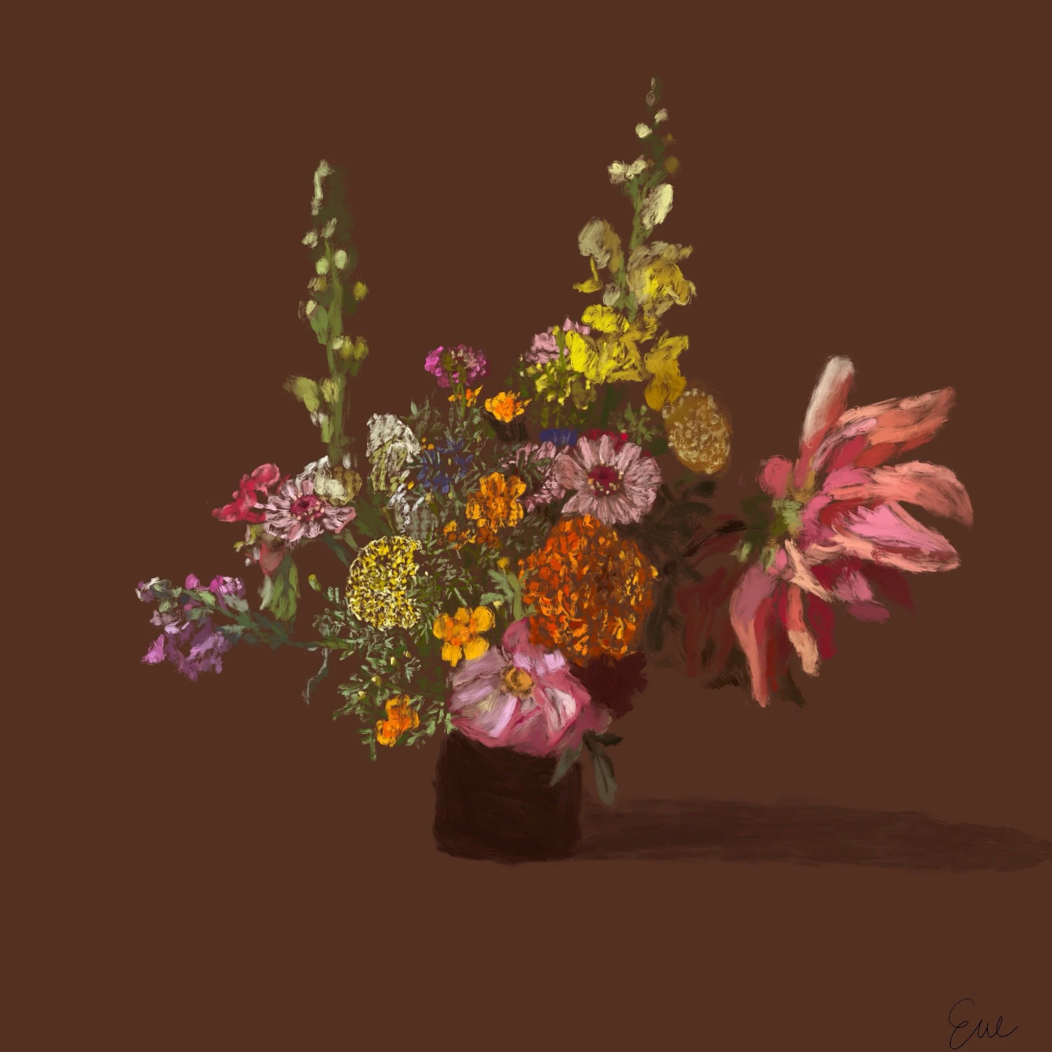 A digital painting of a colorful bouquet of various flowers in a dark vase on a brown background.