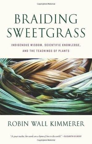 Book cover titled "Braiding Sweetgrass" by Robin Wall Kimmerer, featuring a close-up of braided grass.