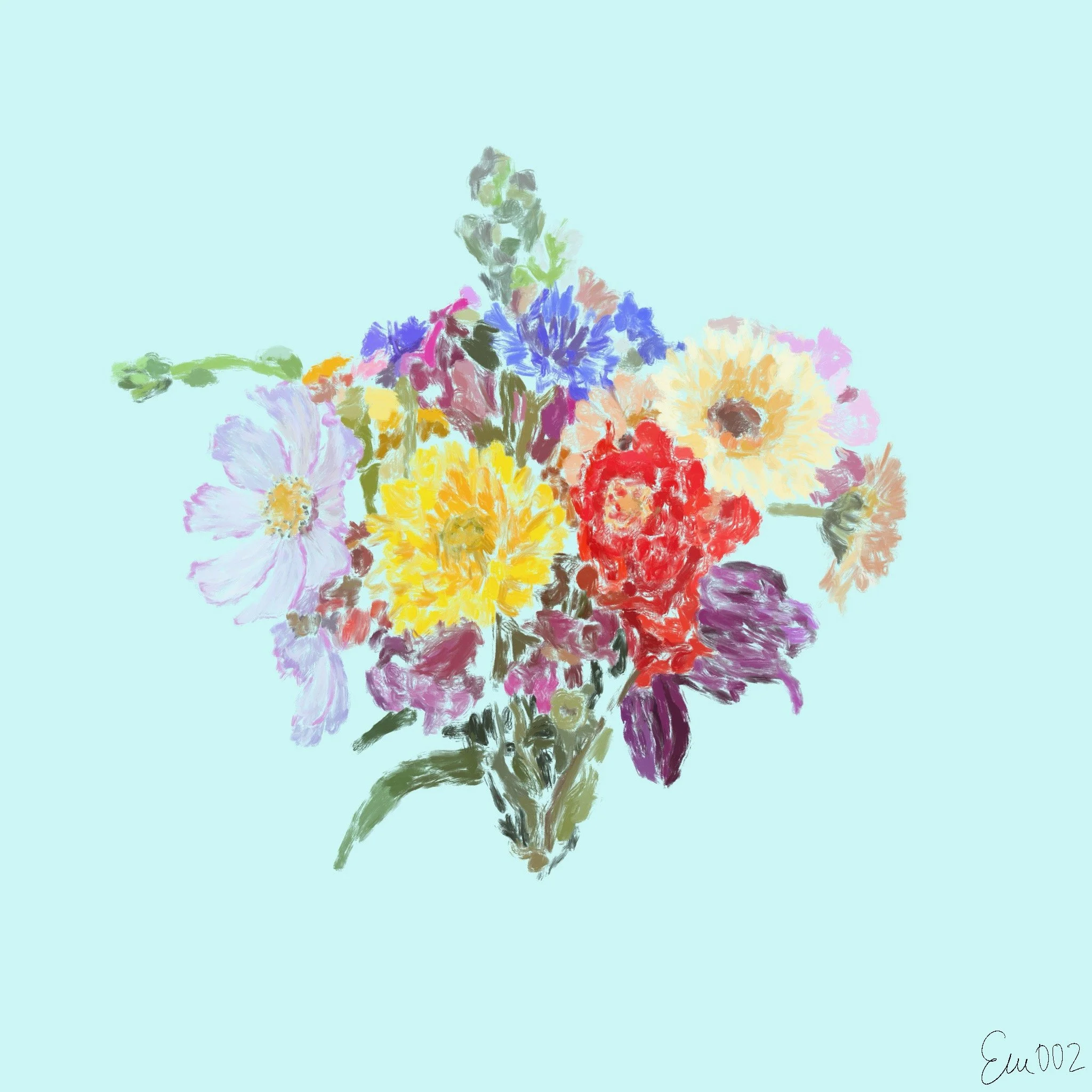 Digital painting of a colorful bouquet of various flowers on a light blue background.