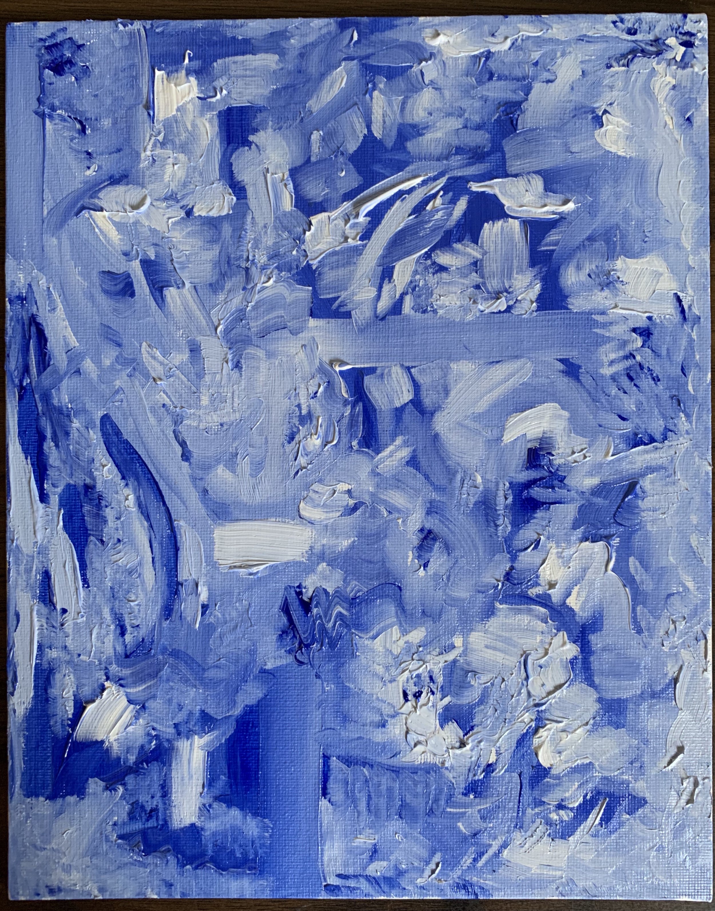 Abstract painting with thick blue and white brushstrokes on canvas.