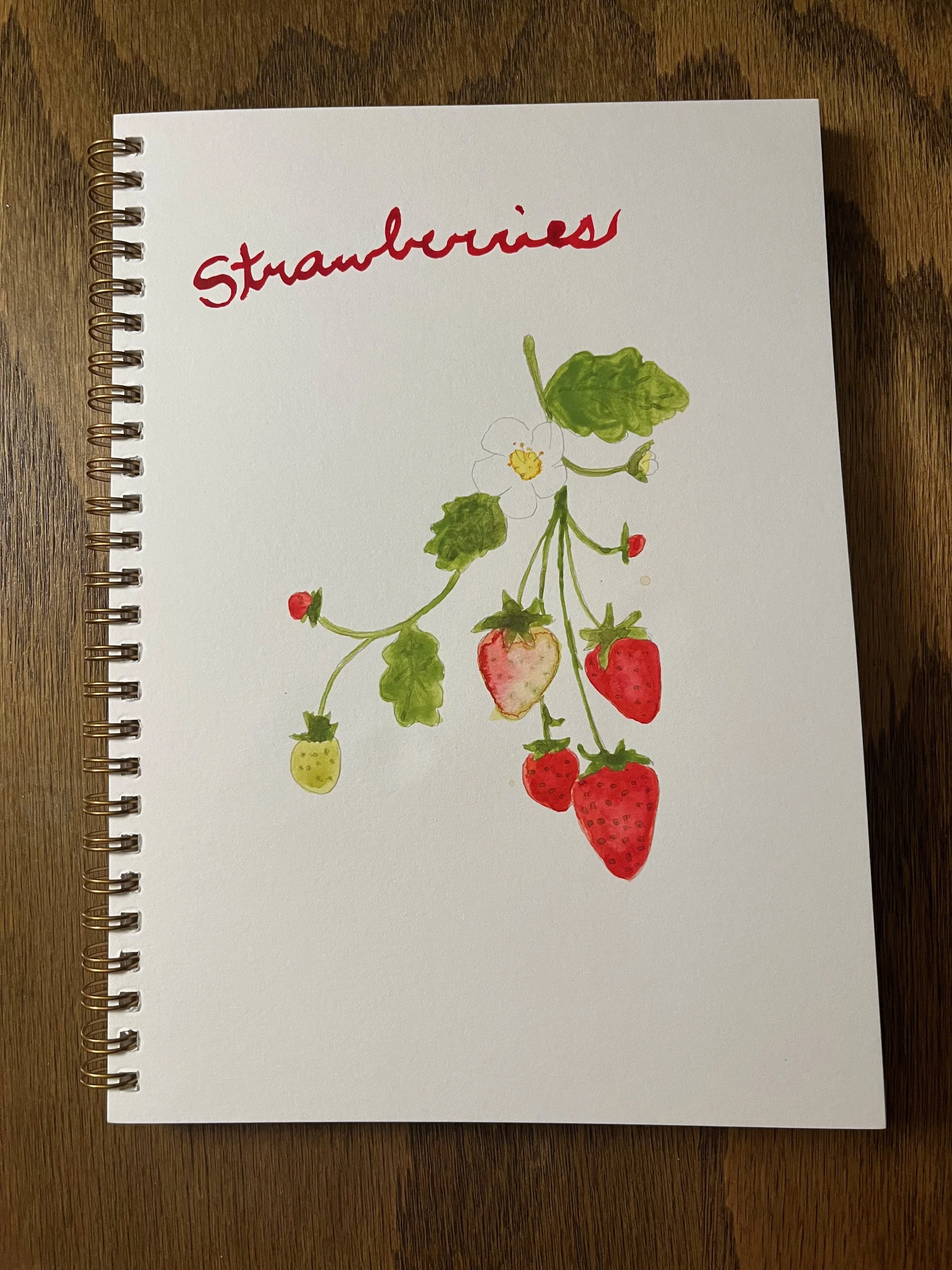 Hand-painted illustration of a strawberry plant with three strawberries, green leaves, and a white flower, along with the word 'Strawberries' written in red cursive at the top.