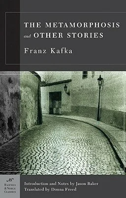 Book cover of 'The Metamorphosis and Other Stories' by Franz Kafka, with a black and white photo of a cobblestone street and a streetlamp.