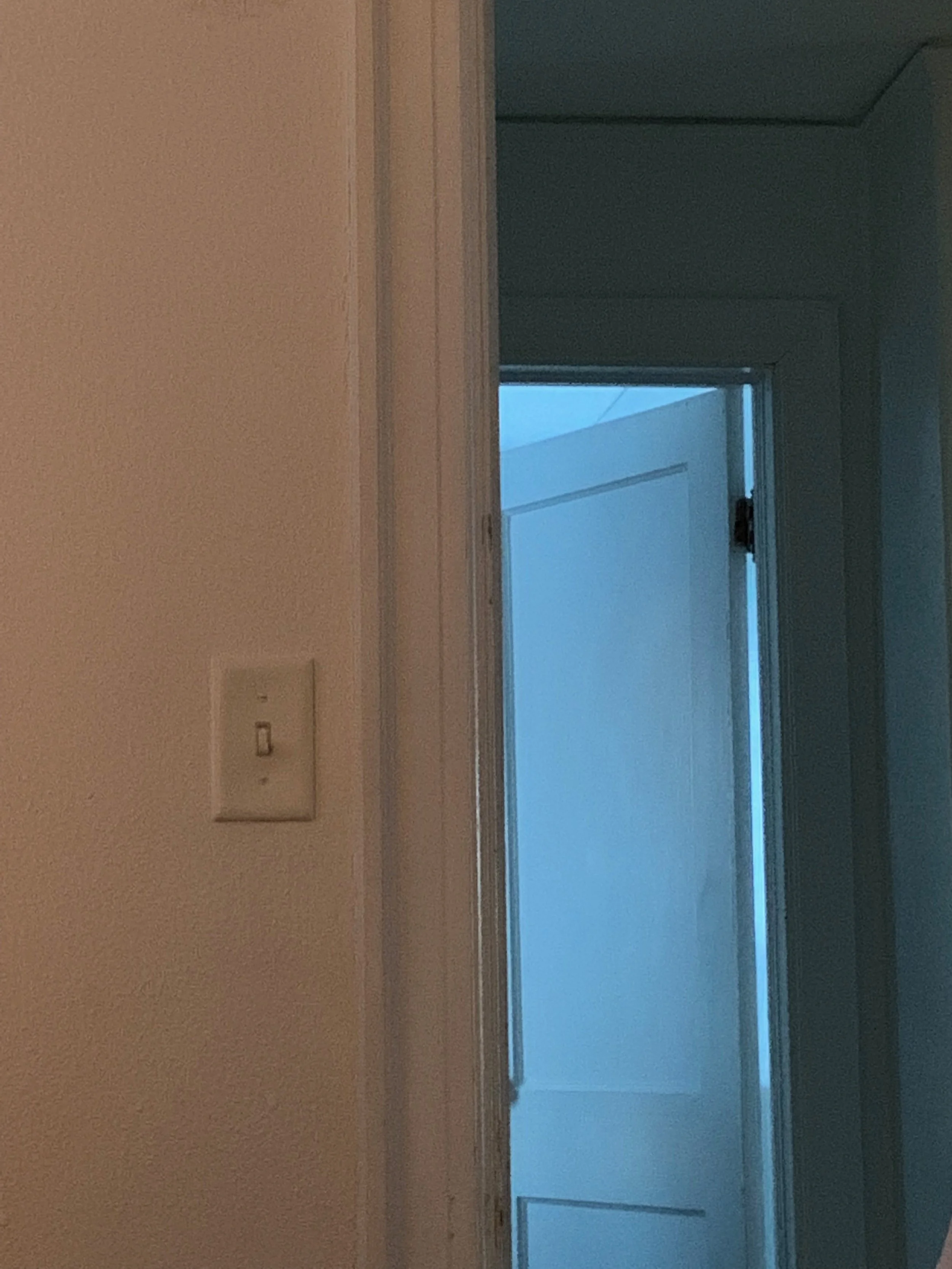 An interior view of a doorway with a door slightly open, revealing part of a room with light blue walls. There is a light switch on the beige wall next to the doorway.