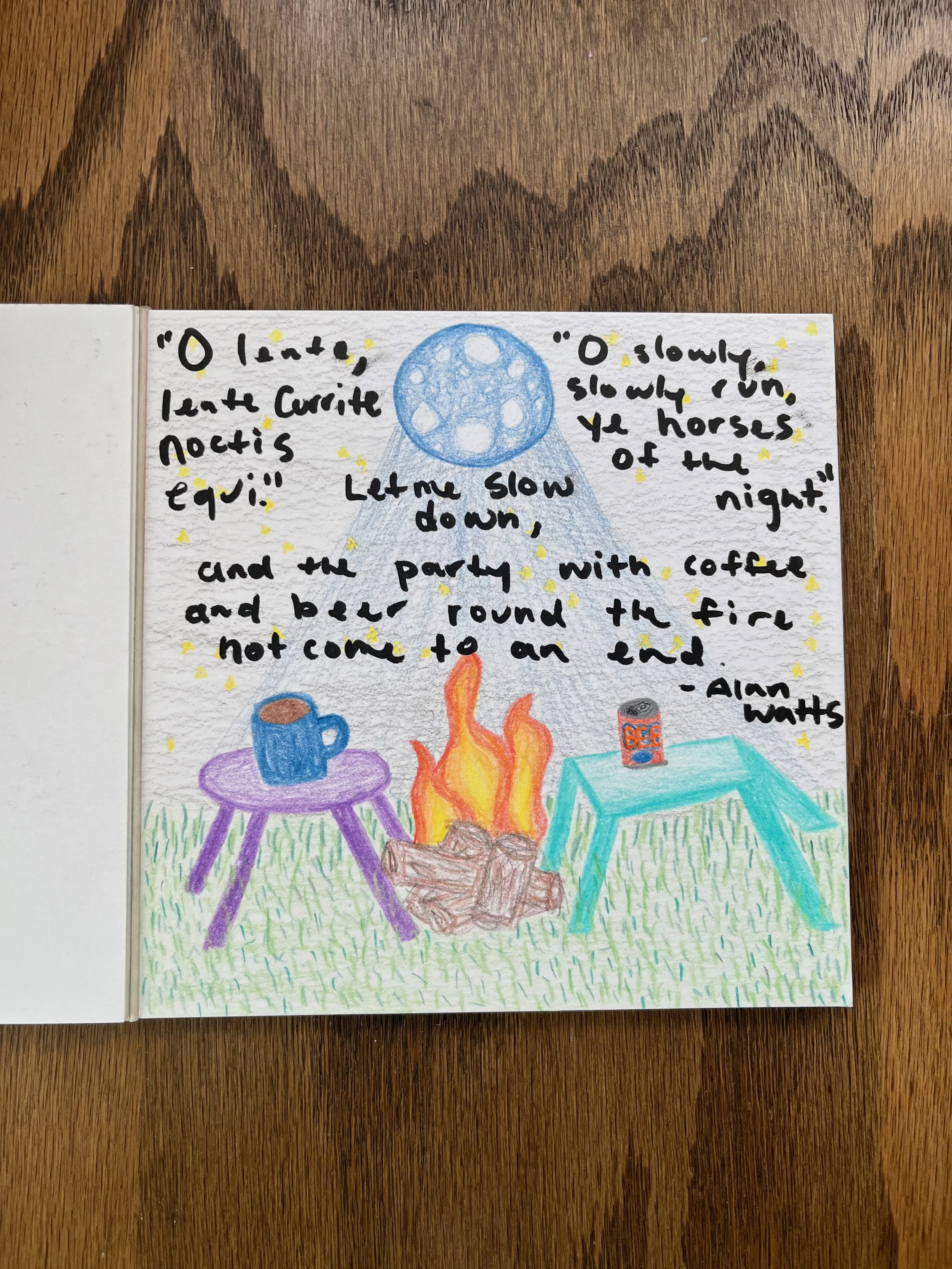A hand-drawn illustration of a campfire with logs, two small tables, a blue mug, and a box labeled 'BEE' in a grassy area. A blue moon with craters is in the night sky, and yellow stars are scattered around. Handwritten poem by Alan Watts is on the p
