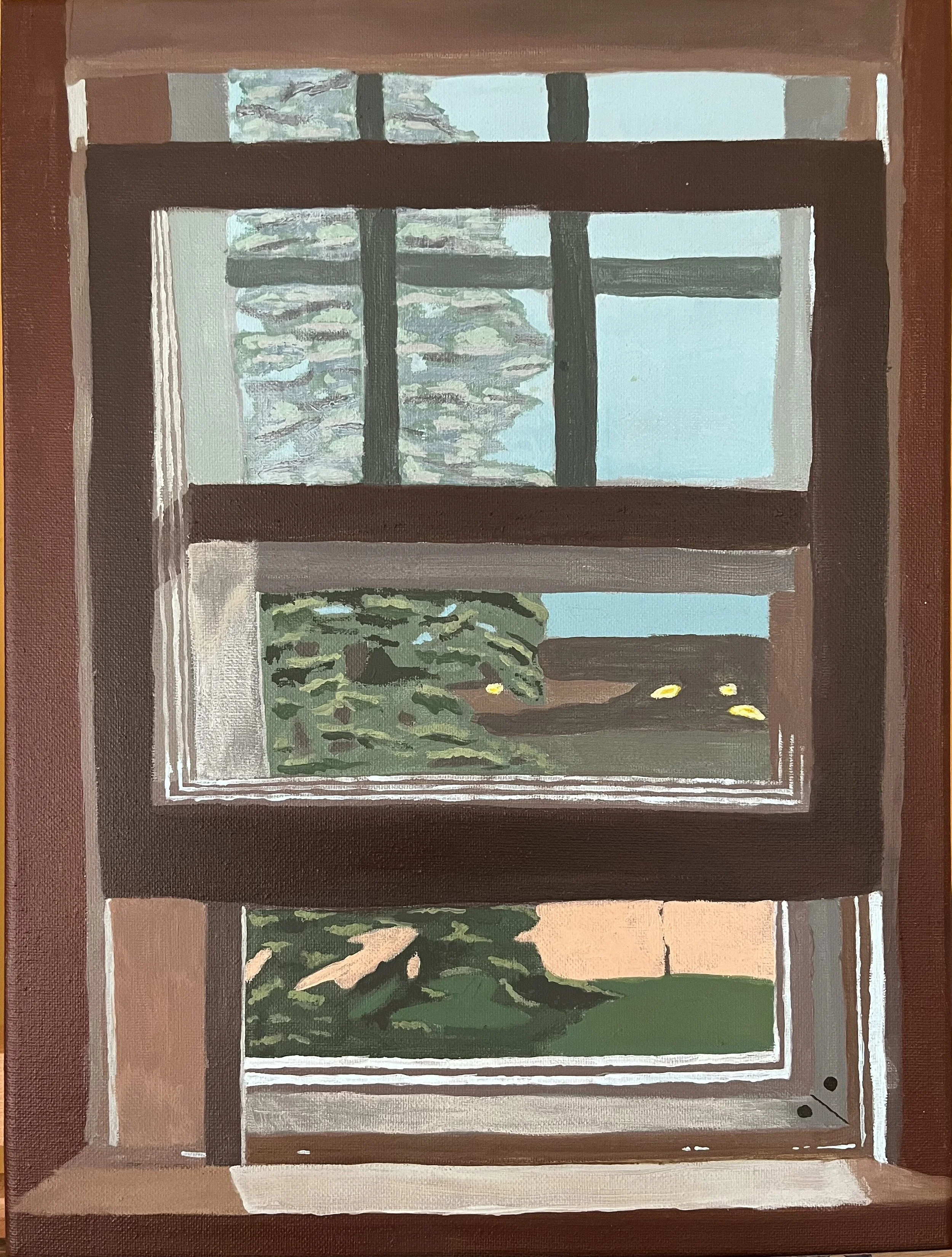 Painting of a window with a view of trees and sky outside.