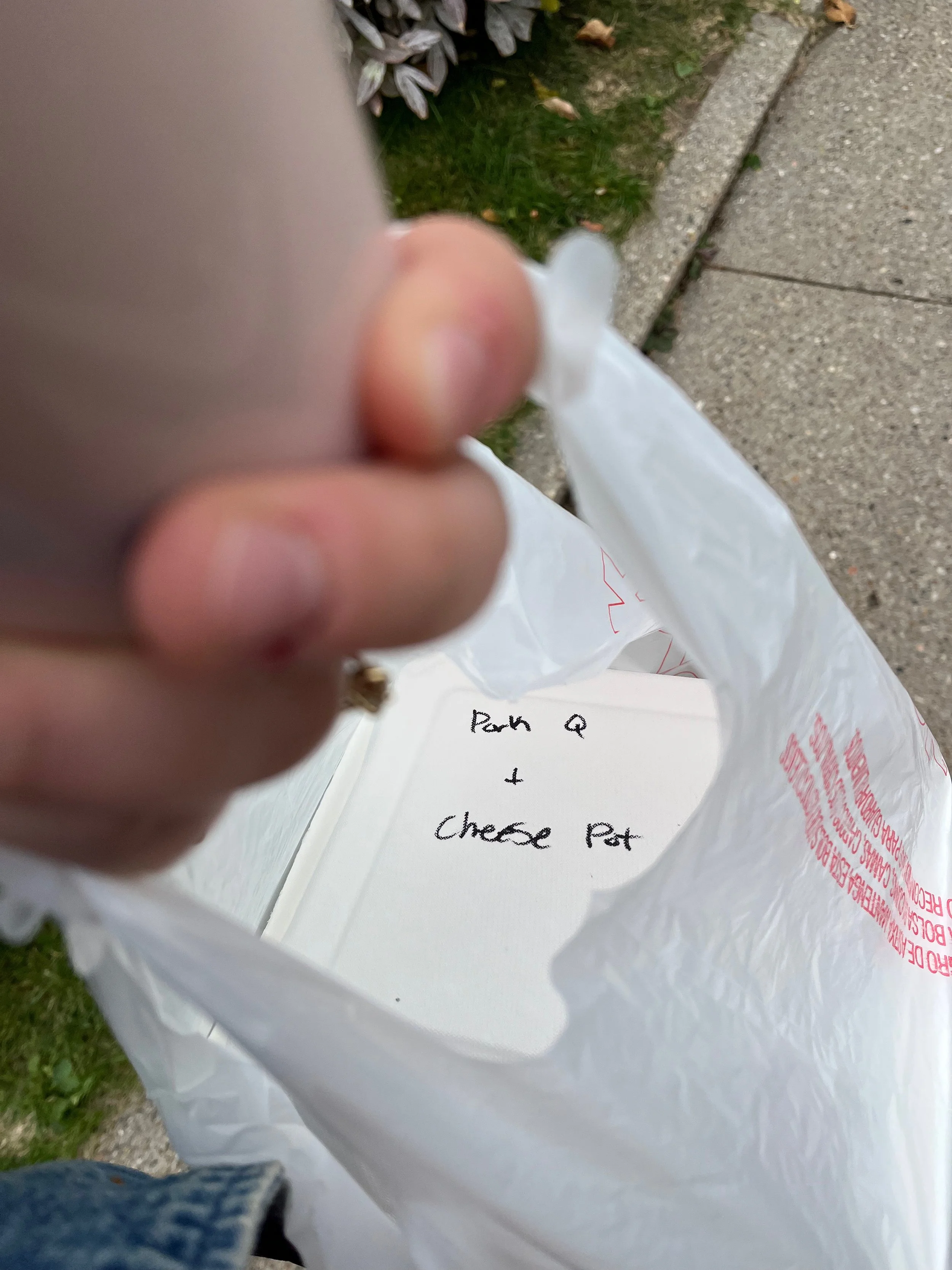 Hand holding a plastic bag with a note inside that reads 'Part Q & Cheese Pot.' Outdoor sidewalk and grass visible.