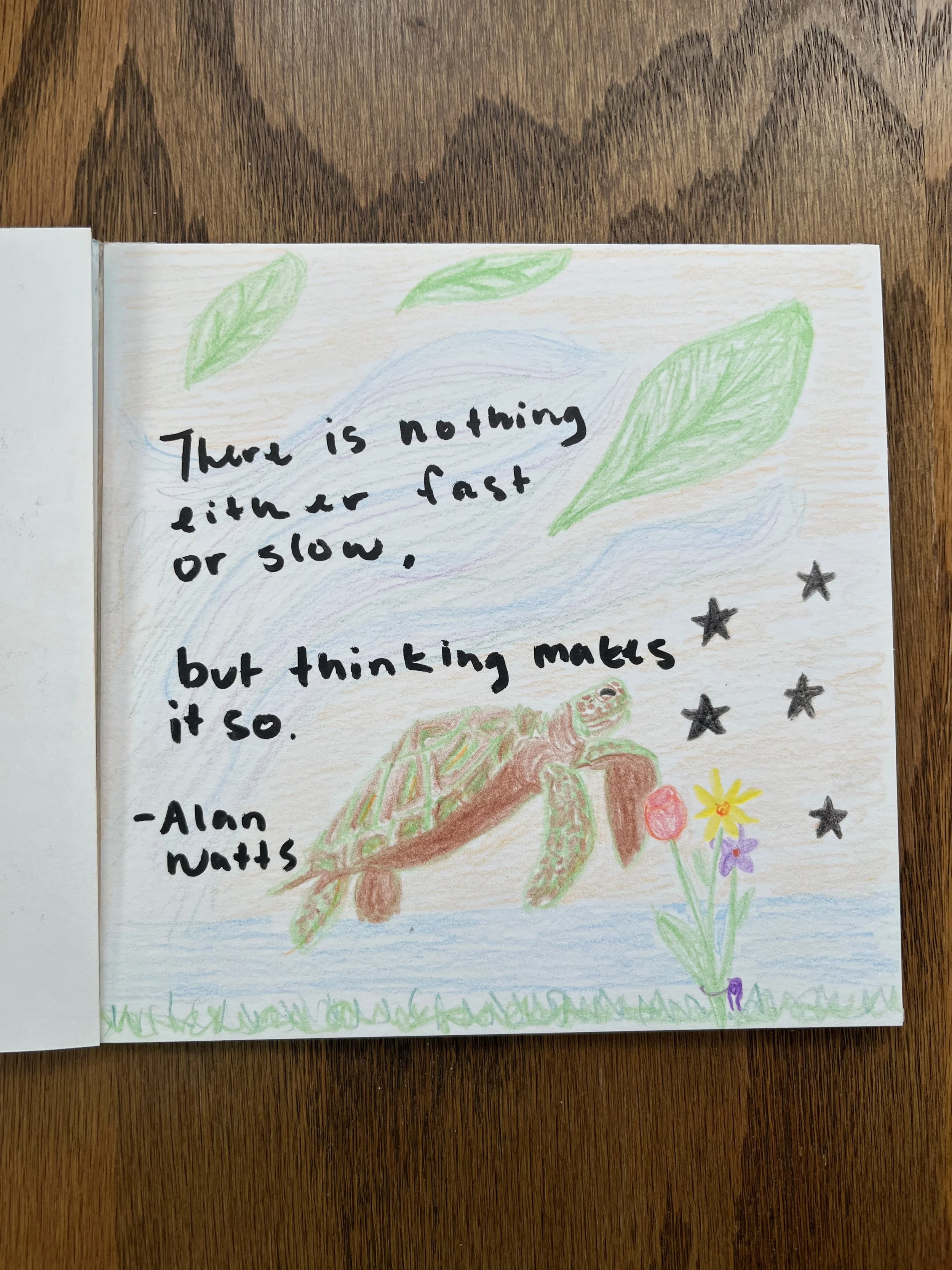 A hand-drawn illustration of a turtle with green and brown coloring, green leaves, and colorful flowers, along with a quote by Alan Watts that reads, "There is nothing either fast or slow, but thinking makes it so."