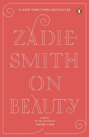 Book cover for 'On Beauty' by Zadie Smith, with a coral background and white title text.