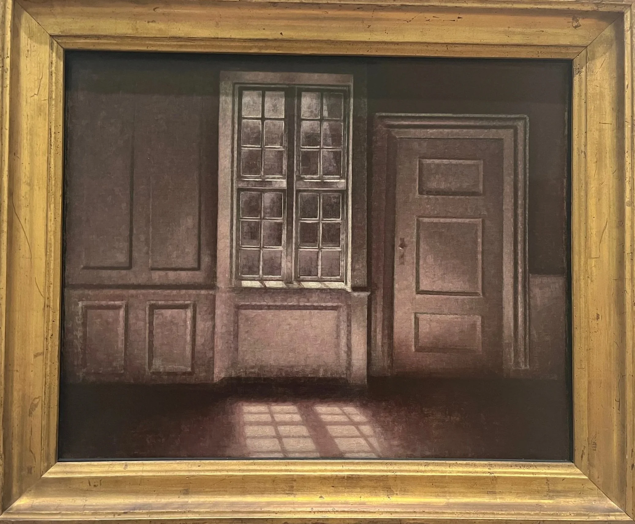 A painting of a room with a window and wooden paneled walls