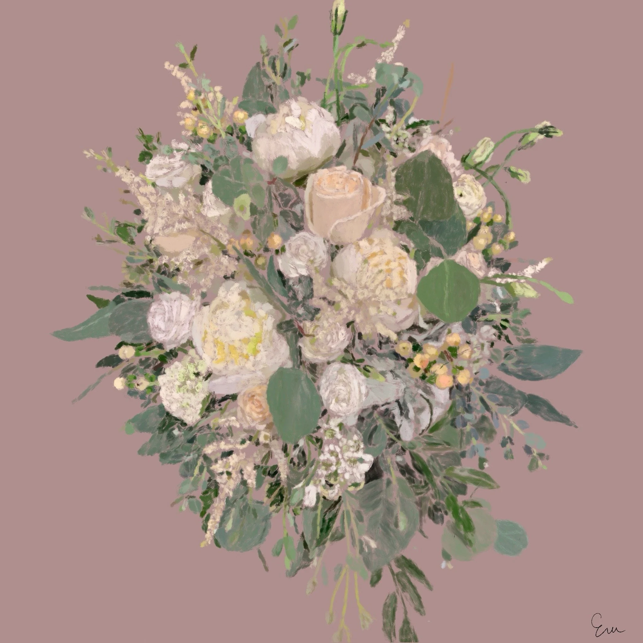 A bouquet of white and pale peach roses, accompanied by green leaves and small yellow and white filler flowers, set against a muted mauve background.