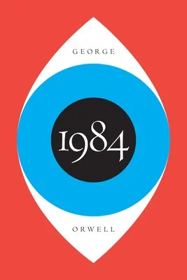 Book cover of George Orwell's 1984 with a red background, a white and blue circular design, and the title in the center.