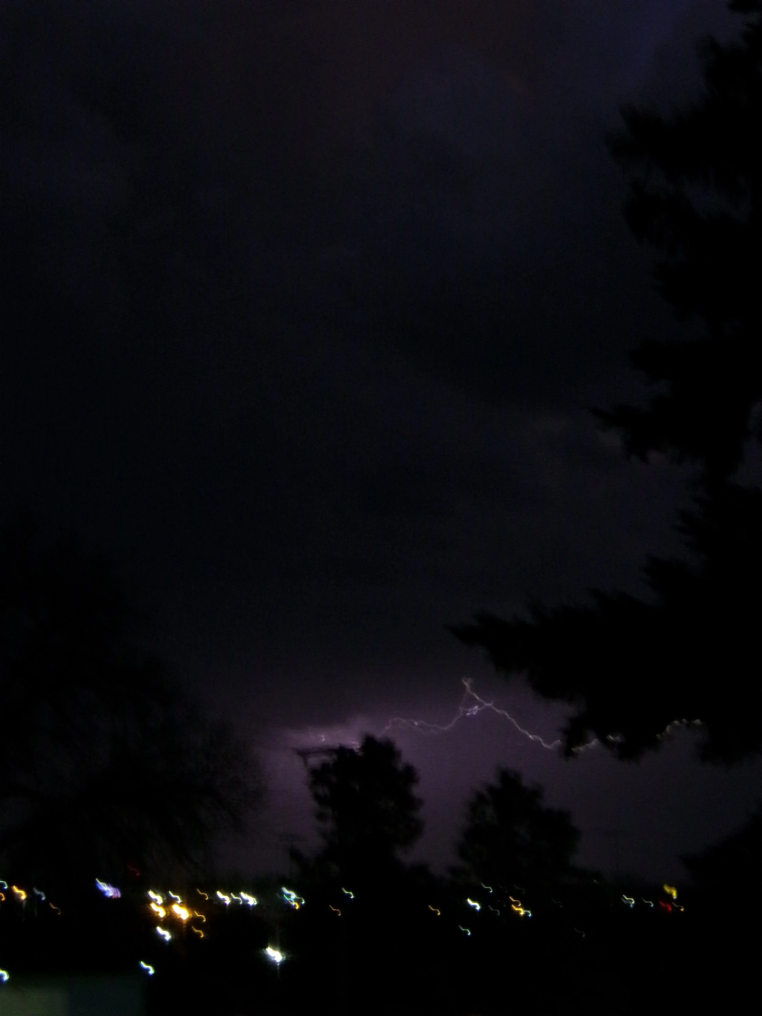 Night sky with visible lightning strike and silhouettes of trees, distant city lights below.
