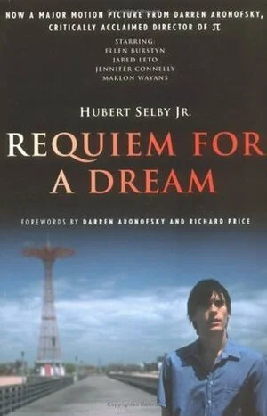Movie poster for 'Requiem for a Dream' featuring a young woman with short dark hair, standing outdoors under a cloudy sky with a large cooling tower in the background.