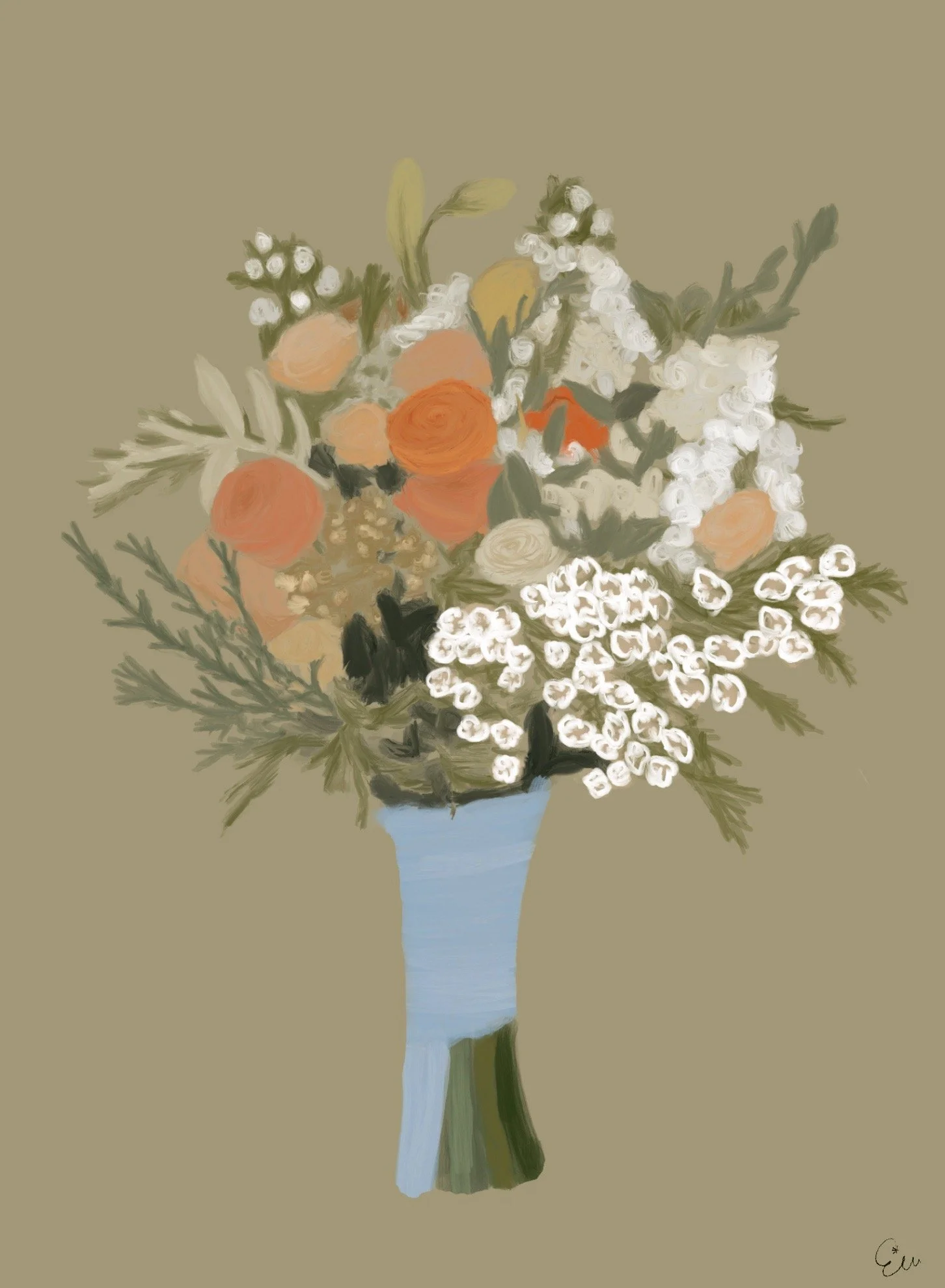 A digital painting of a bouquet of flowers in a light blue vase, featuring white, peach, and orange blossoms with green foliage on a neutral background.