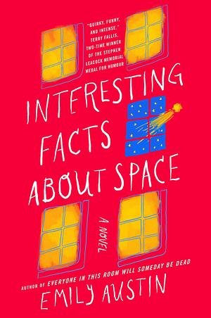 Book cover titled "Interesting Facts About Space" by Emily Austin. The background is red with four yellow windows, a blue square with white dots, and a small comet. The cover features white and pink text.
