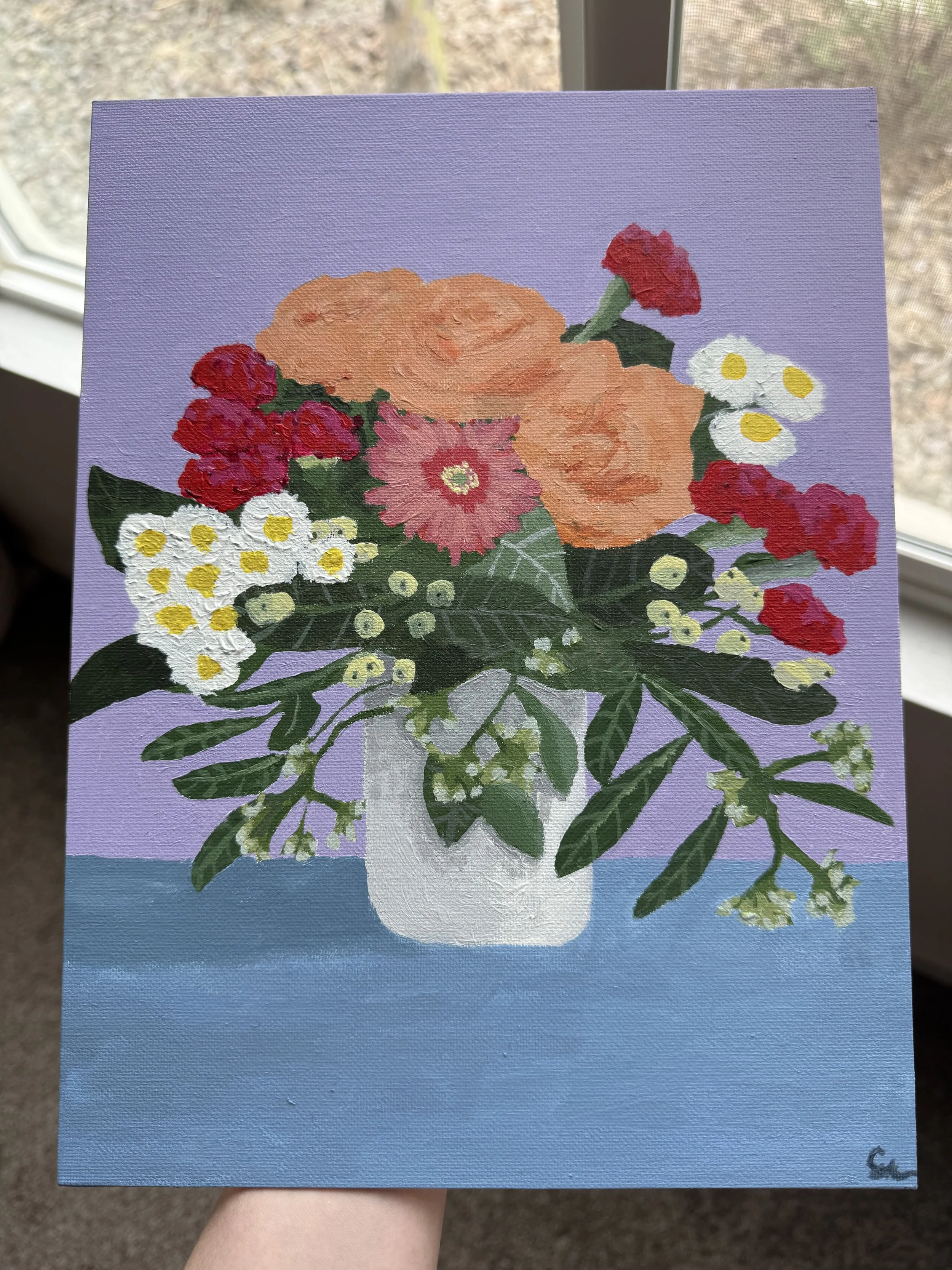 A painting of a bouquet of flowers in a white vase on a blue table with a purple background.