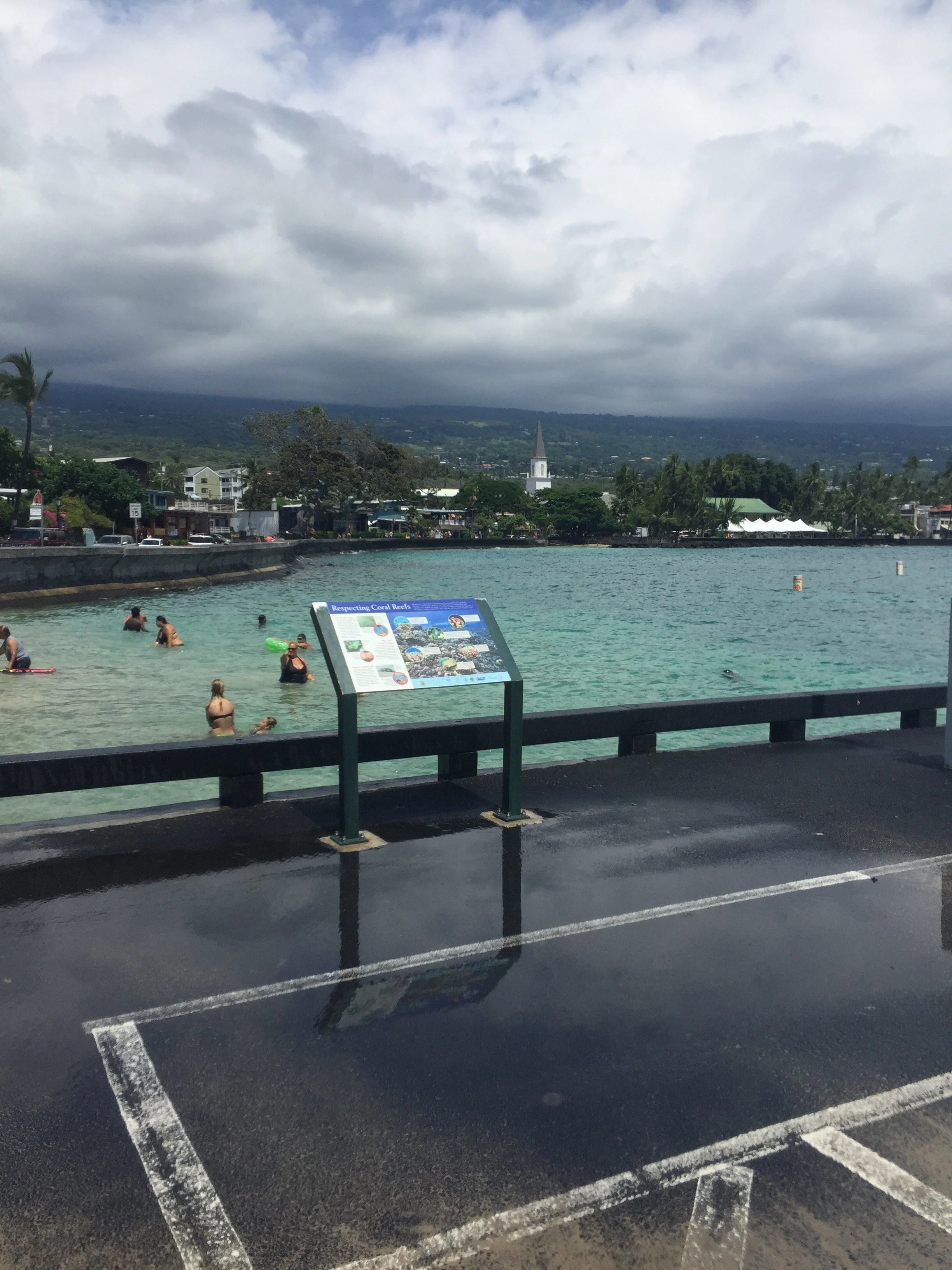 People swimming and relaxing in an outdoor pool near a shoreline with a cityscape and mountain in the background, with an informational sign in the foreground.
