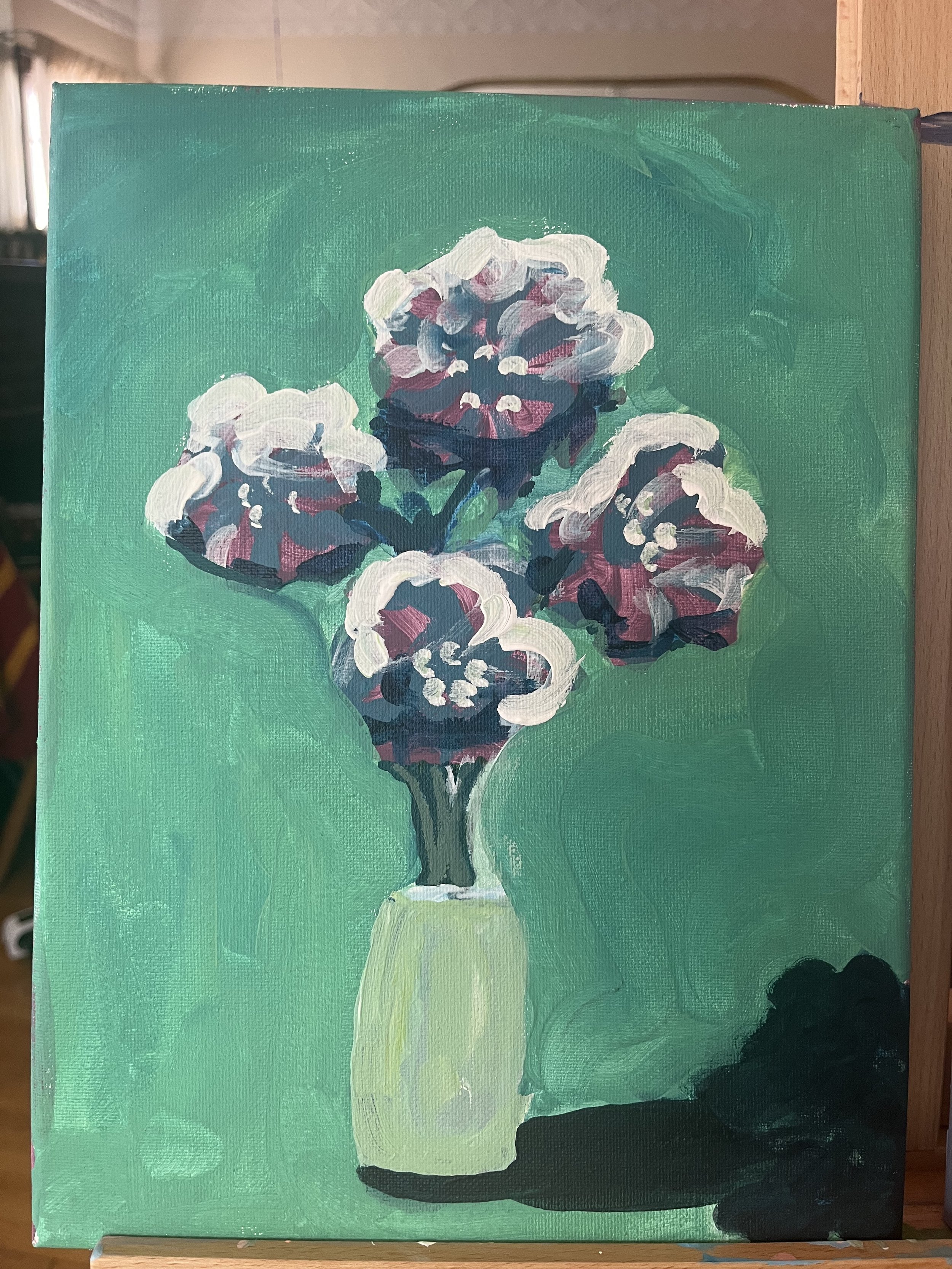 A painting of a bouquet of flowers in a light green vase on a green background.