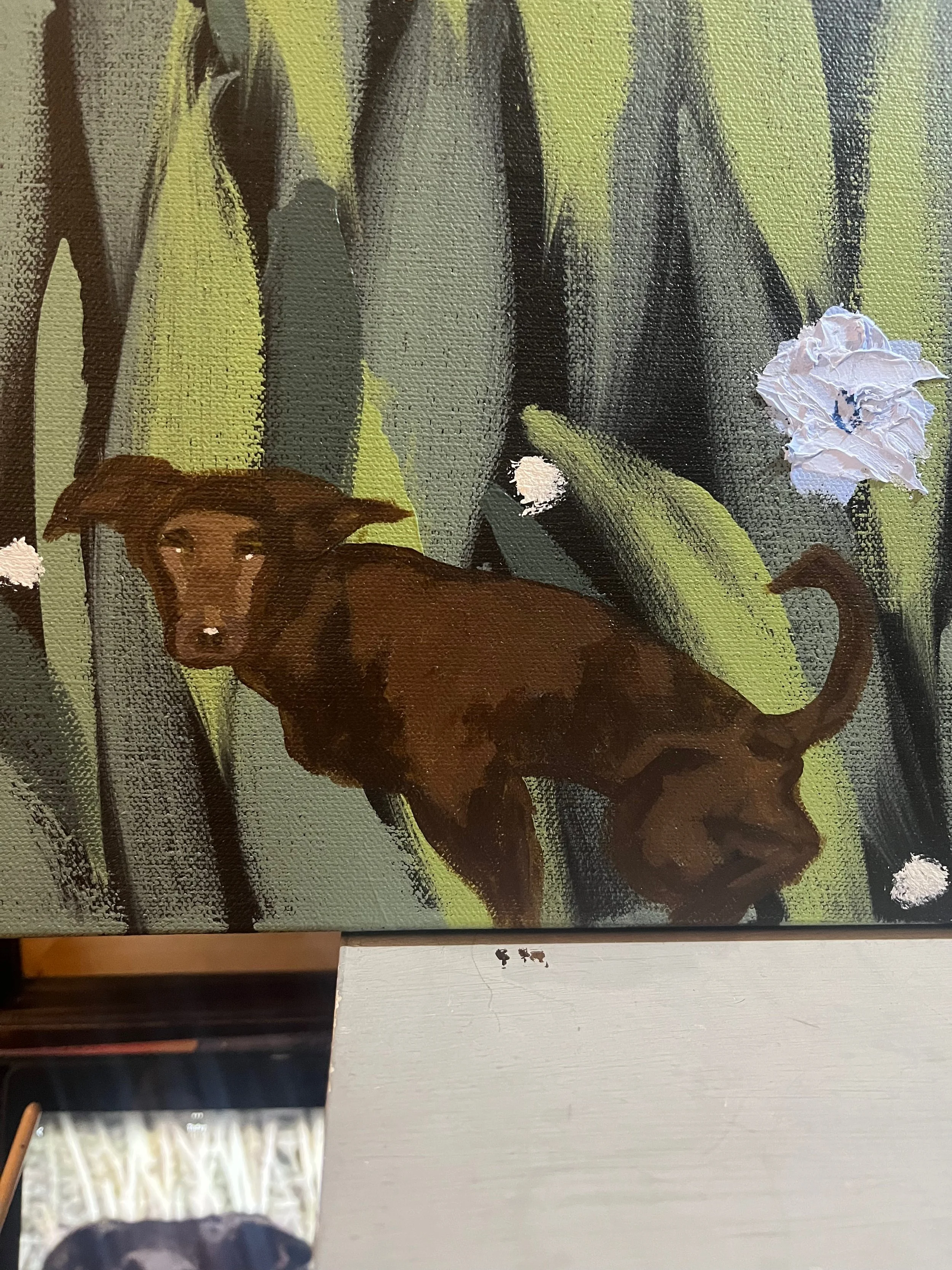 Painting of a brown dog with short fur and a curled tail, standing in front of a green and gray abstract background with white flowers.
