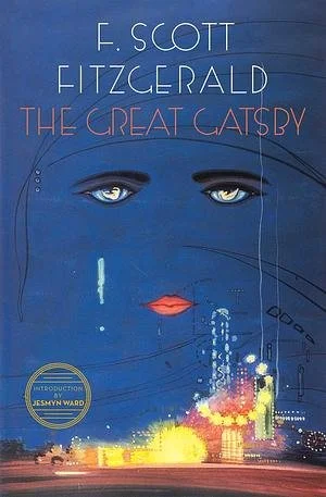 Book cover for 'The Great Gatsby' by F. Scott Fitzgerald featuring a stylized face with piercing eyes and a city skyline at the bottom, in a blue and pink color scheme.