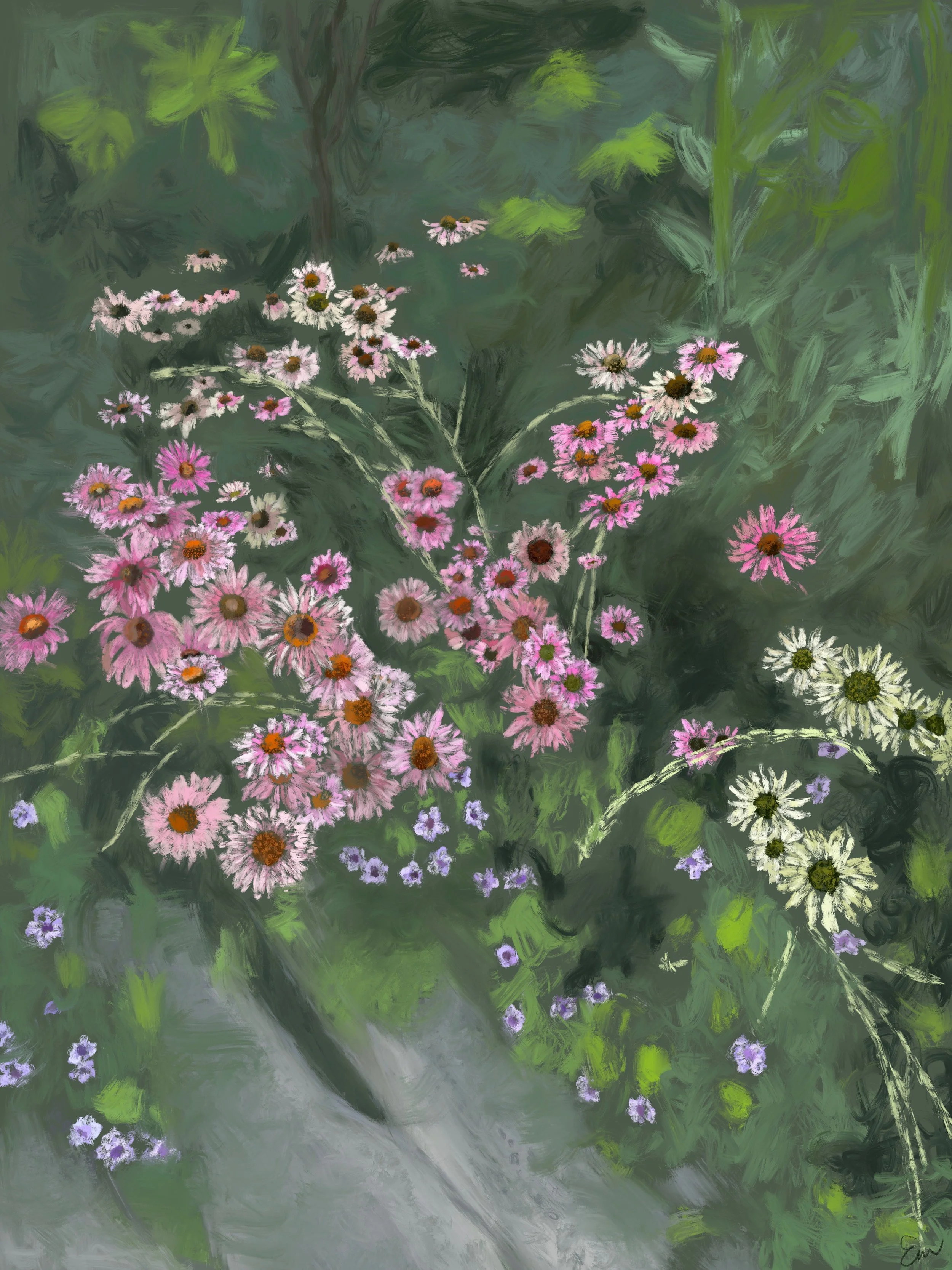 Digital painting of pink, white, and purple daisies growing among green foliage.