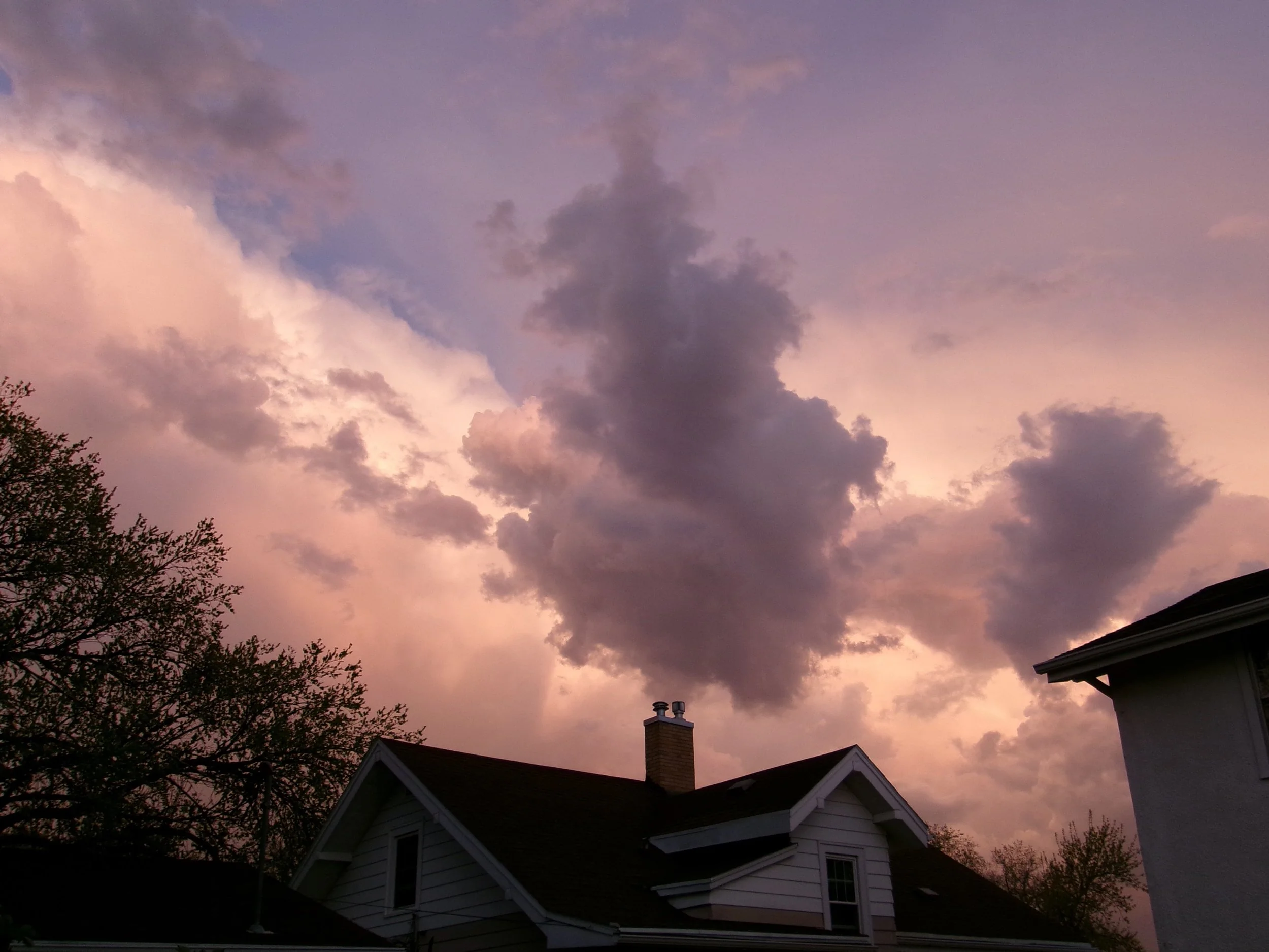 Sunset sky with purple and pink clouds above houses and trees in a suburban neighborhood.