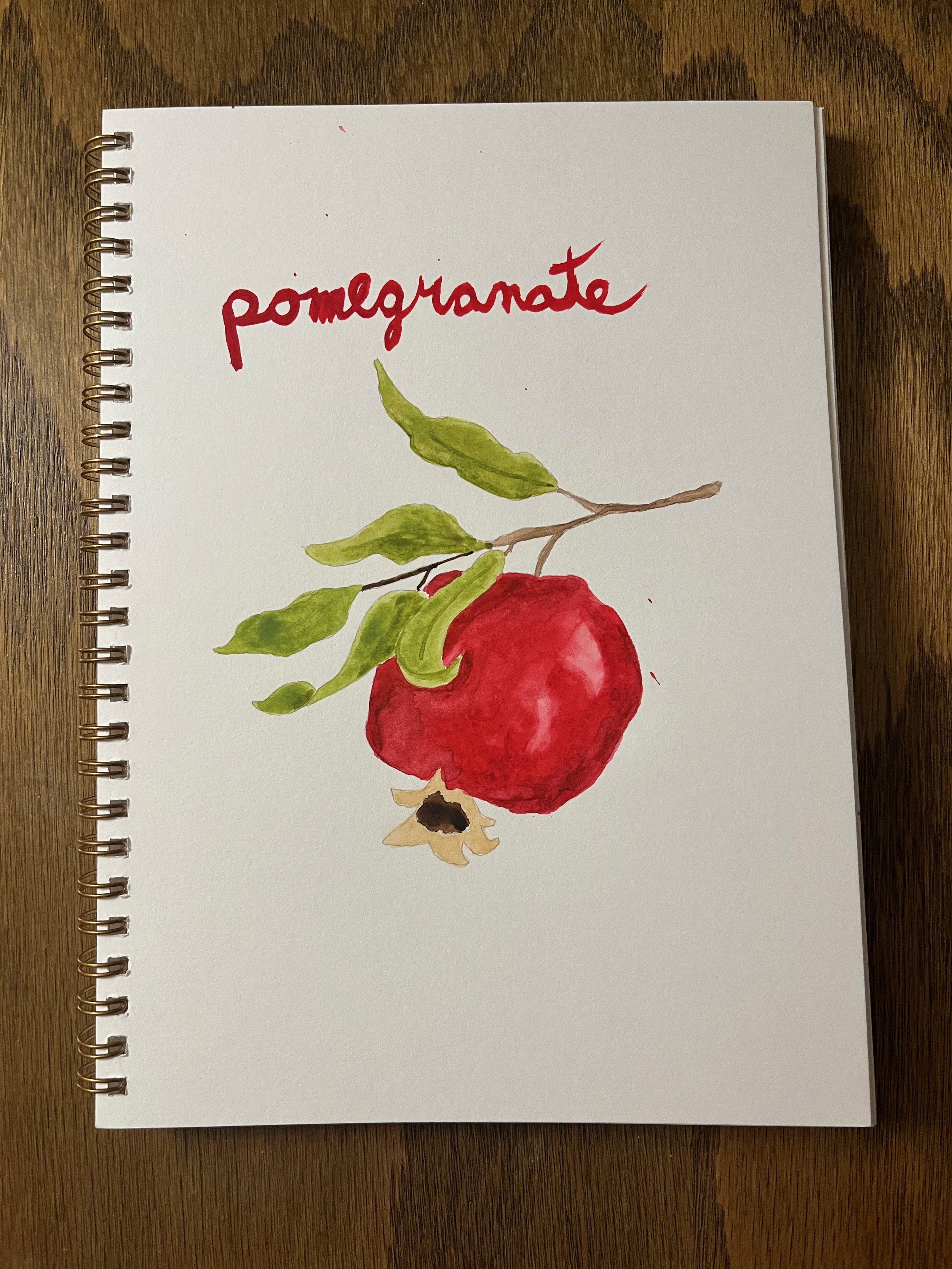 Illustration of pomegranate fruit with leaves and a flower on a spiral-bound notebook cover.