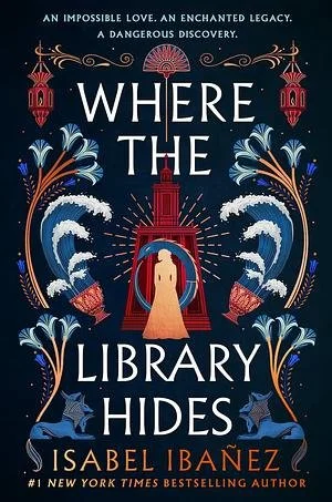 Book cover for 'Where the Library Hides' by Isabel Ibanez, featuring a stylized illustration with fireworks, lanterns, and a woman in a yellow dress, with a dark background.